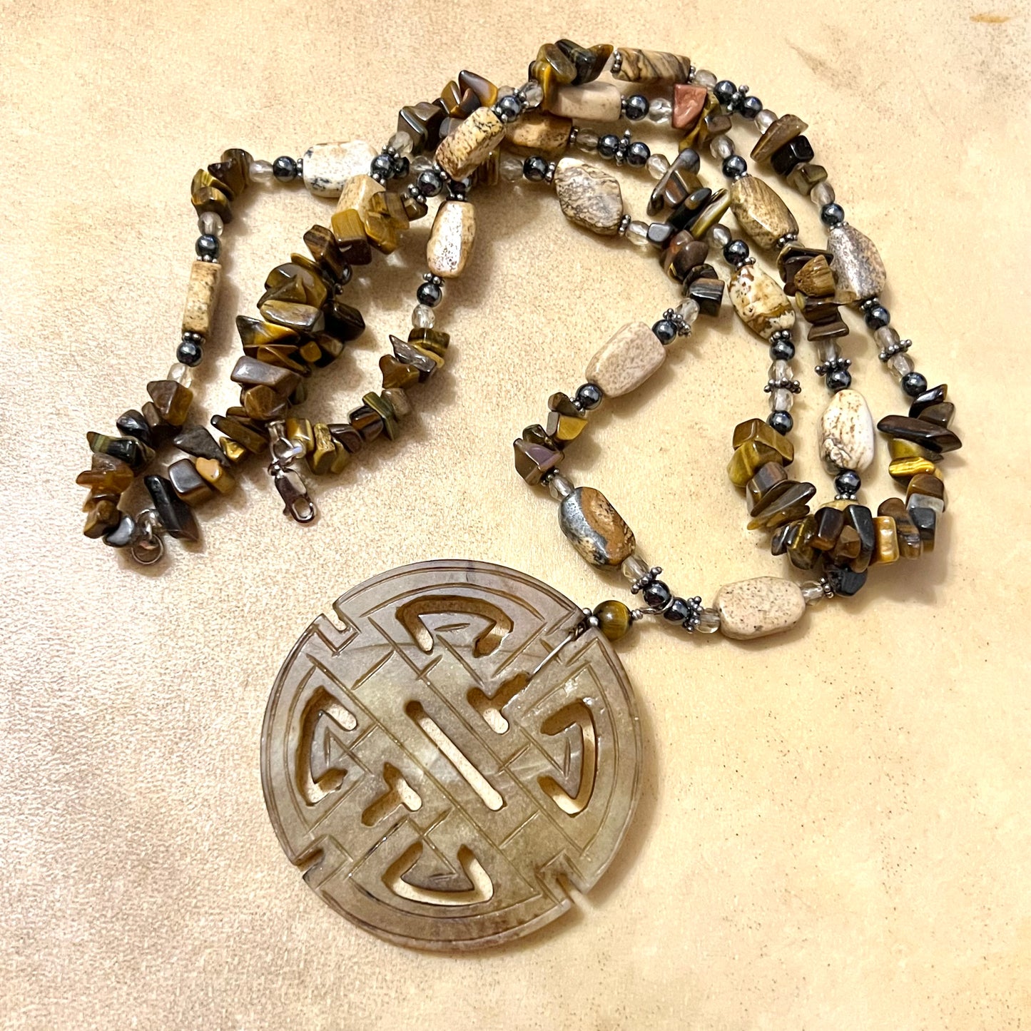 Vintage Chinese Tigers Eye & Picture Jasper Crystal Necklace