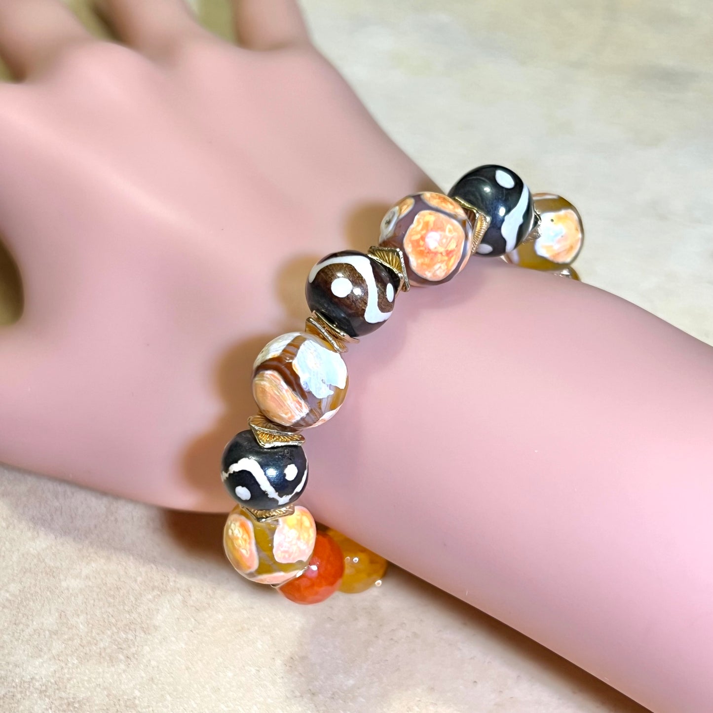 Pumpkin Spice Orange Agate & Bone Gold Tone Handmade Bracelet