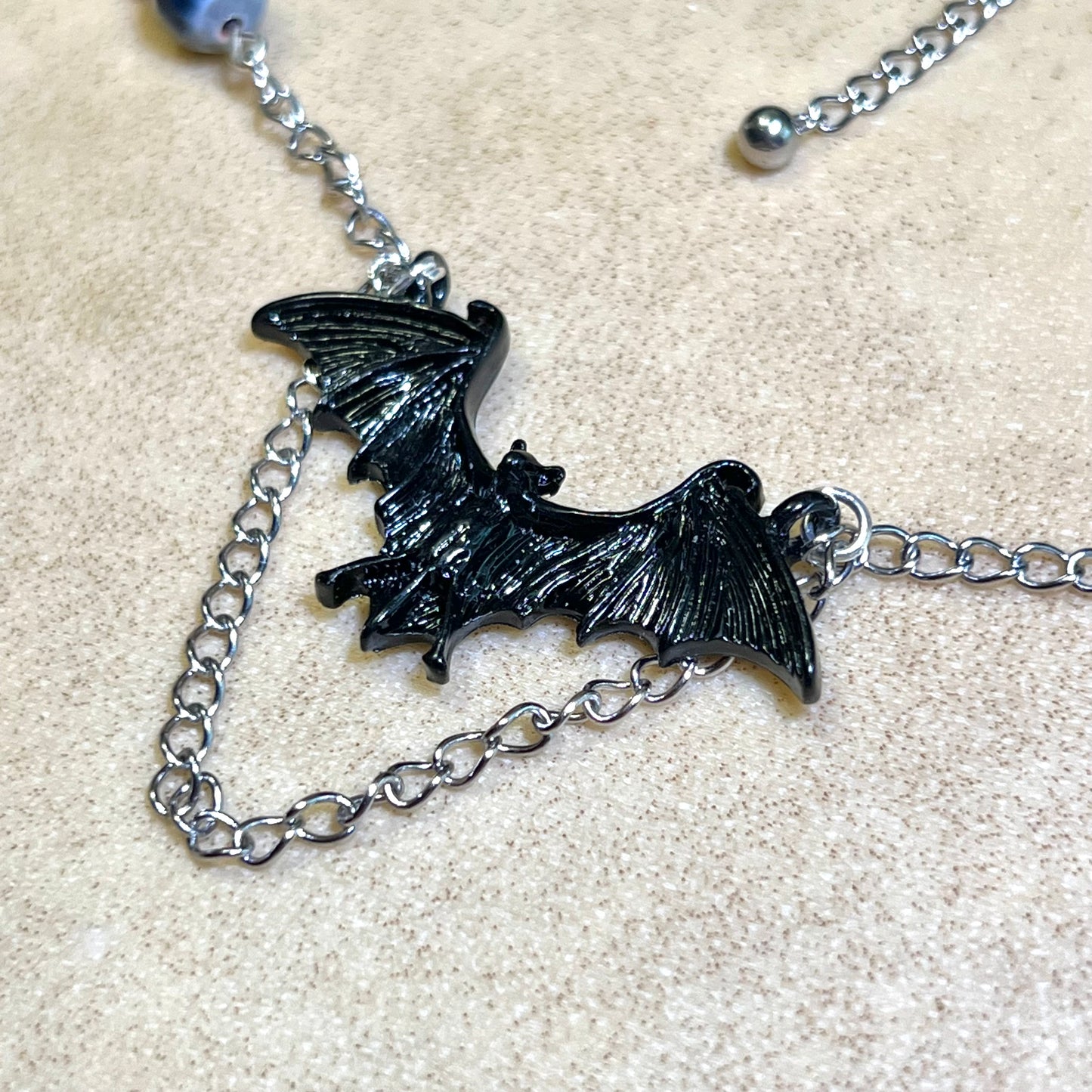 Gothic Bat Black & Orange Agate Silver Tone Handmade Necklace