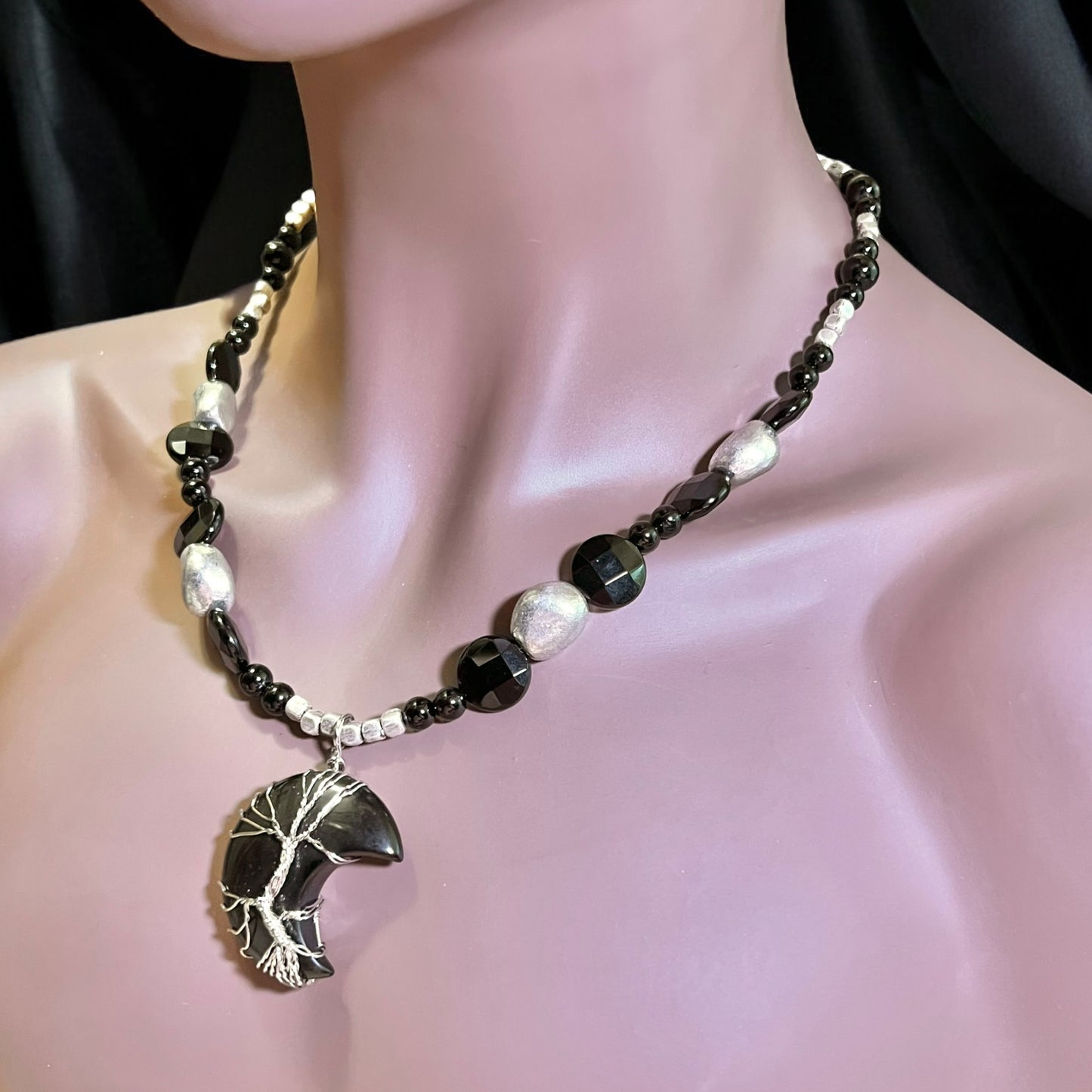 Dark Tree of Life Crescent Moon Handmade Necklace