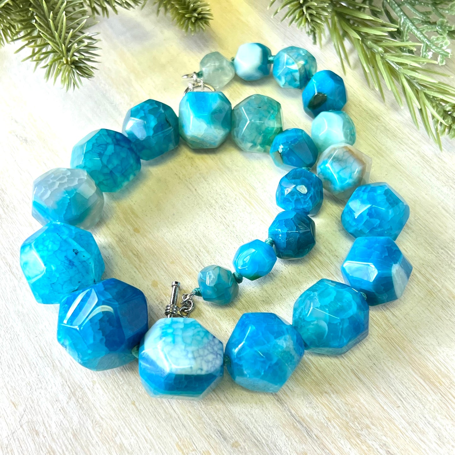 Blue Dyed Agate Beaded Necklace, Hand Knotted with Sterling Silver Clasp by Lucoral
