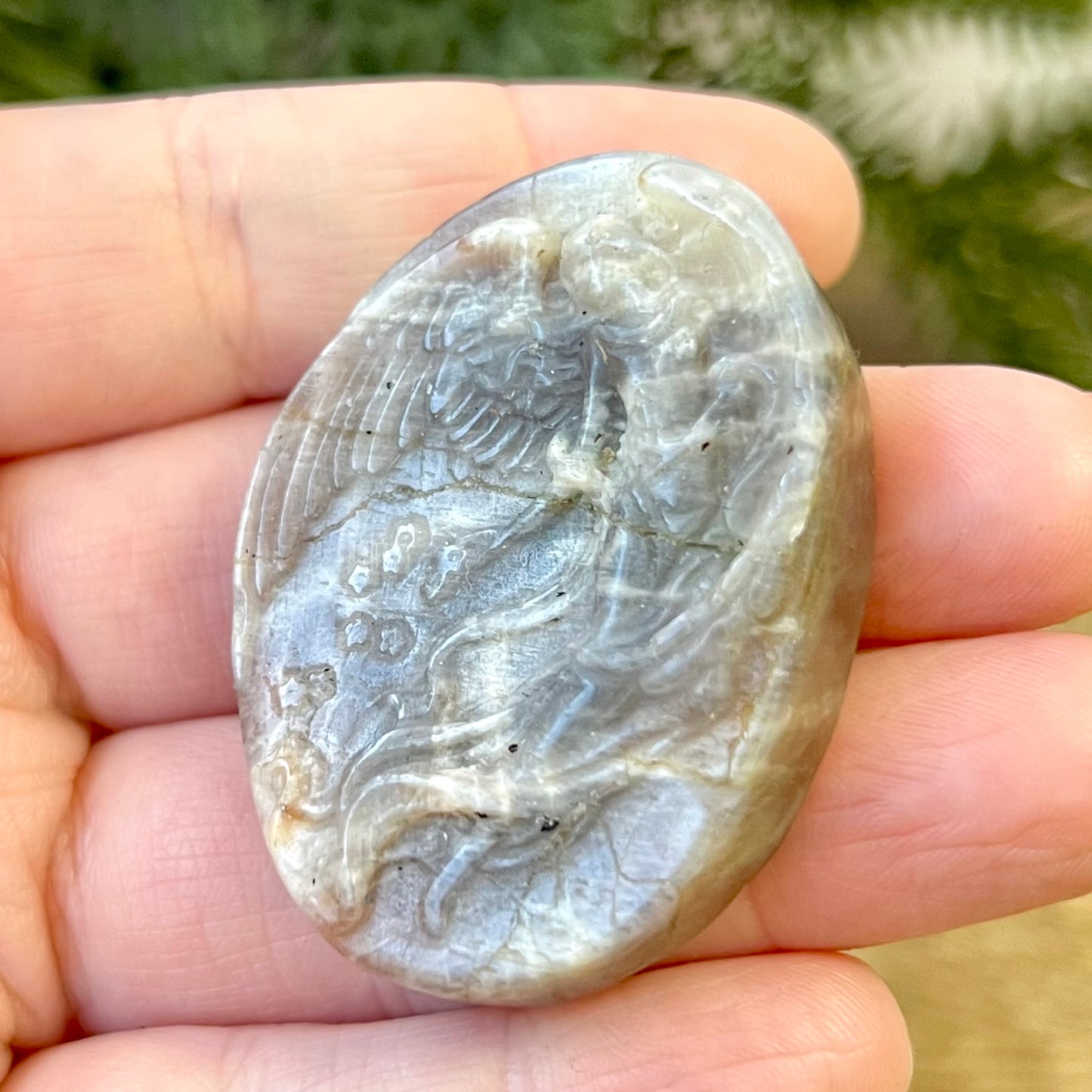 Angel In Flight Belomorite Sunstone in Moonstone Crystal Carved Cabochon