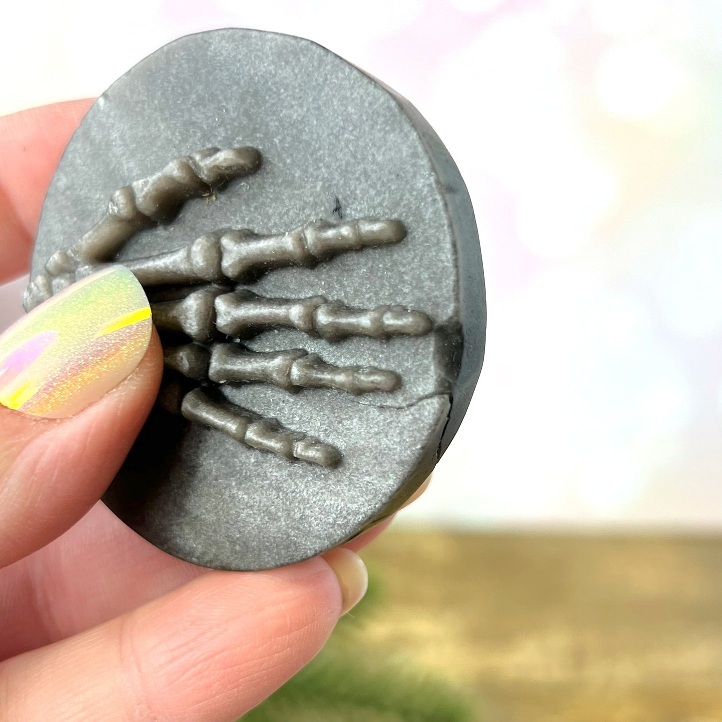 Silver Sheen Obsidian Skeleton Hand Carved Cabochon