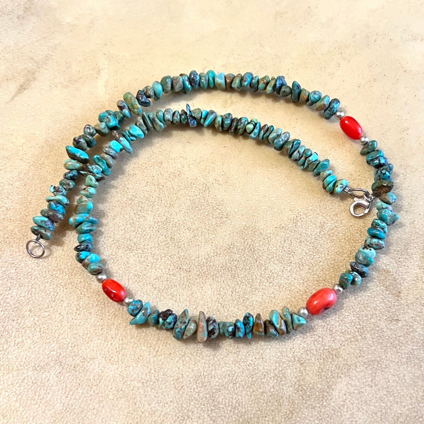 Turquoise Chip & Coral Vintage Beaded Sterling Silver Necklace