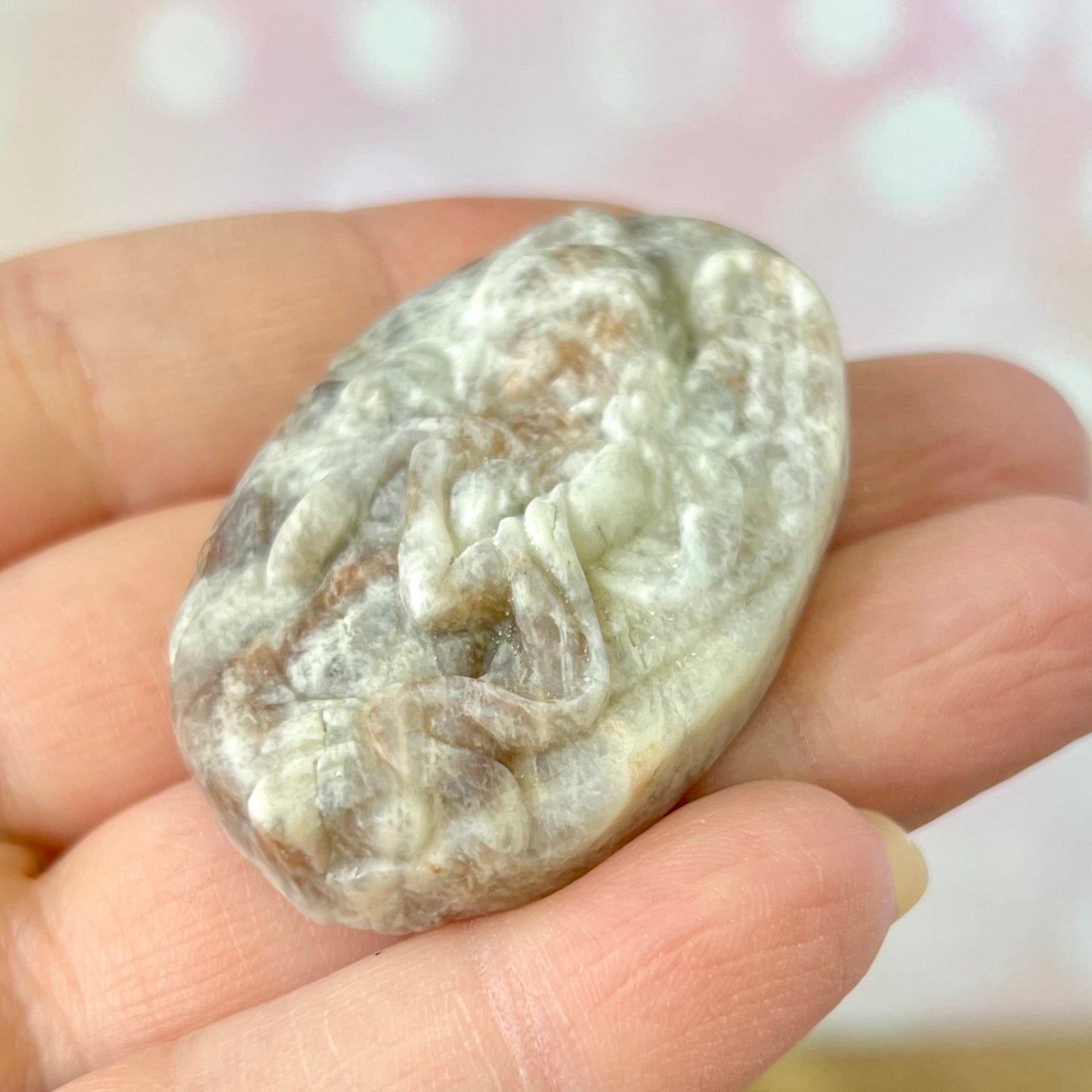 Angel Praying Belomorite Sunstone in Moonstone Carved Cabochon