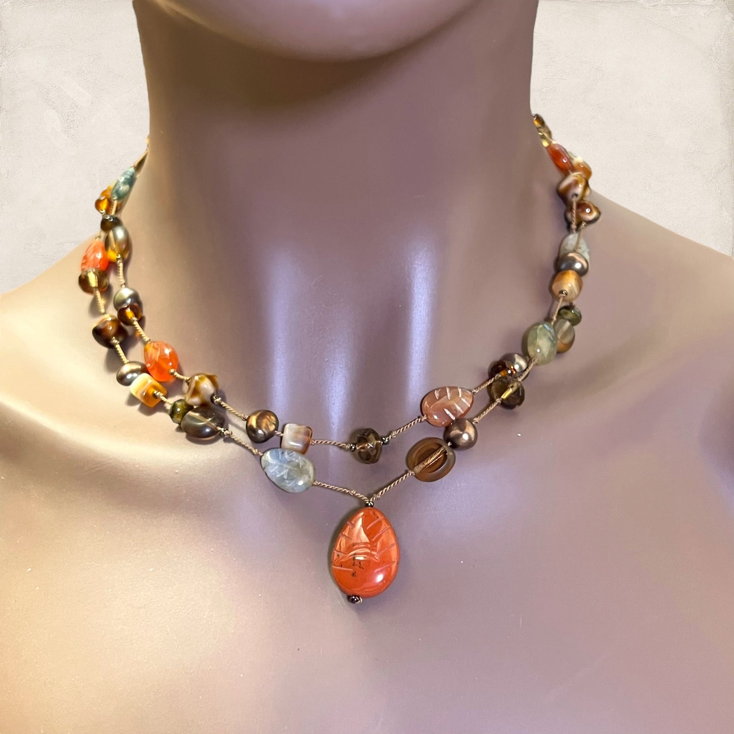 Red Jasper Carved Leaf Vintage Beaded Necklace