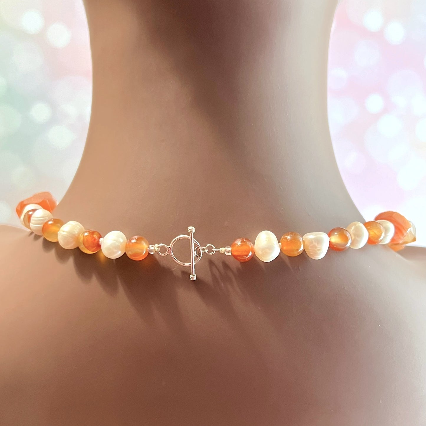 Carnelian, Agate, & Pearl Vintage 925 Sterling Silver Necklace