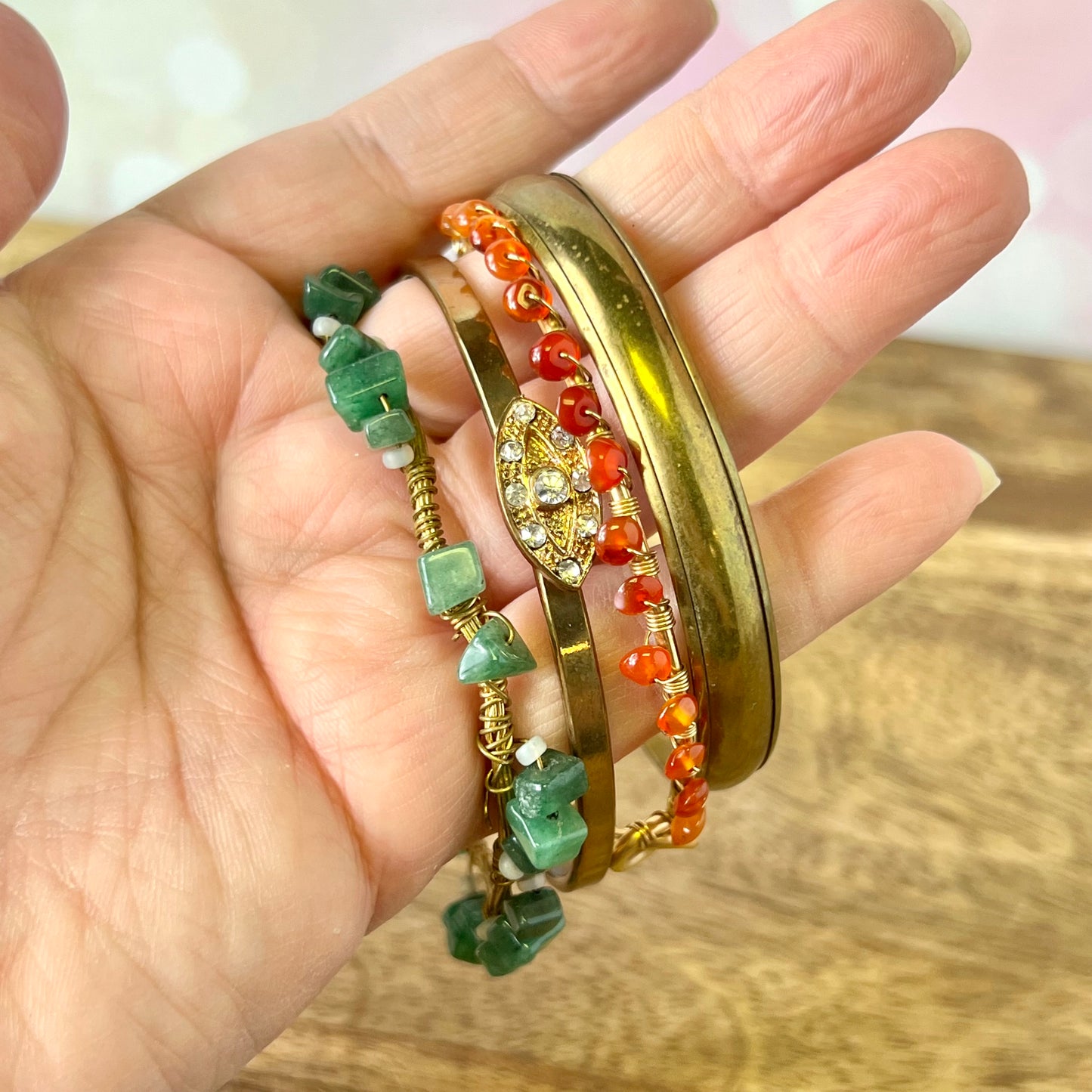 Vintage Bracelet Stack of 4 Gold Tone Bangles including Green Aventurine, Carnelian, and Evil Eye