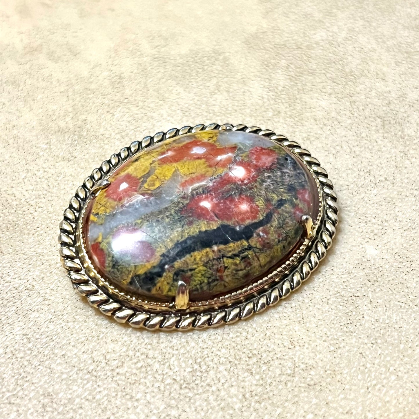 Vintage Red & Yellow Jasper Oval Cabochon with Gold Tone Bezel