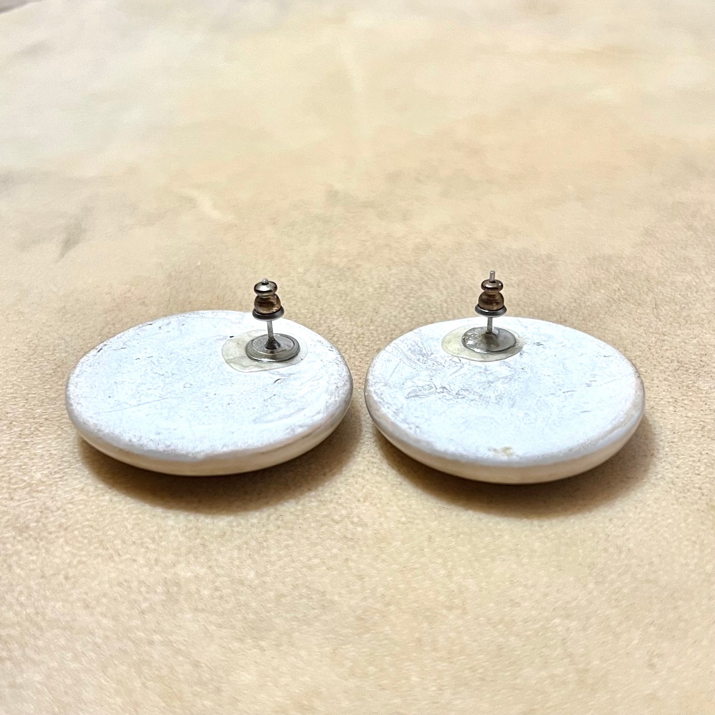 Handmade Ceramic Beige & White Vintage Pierced Stud Earrings