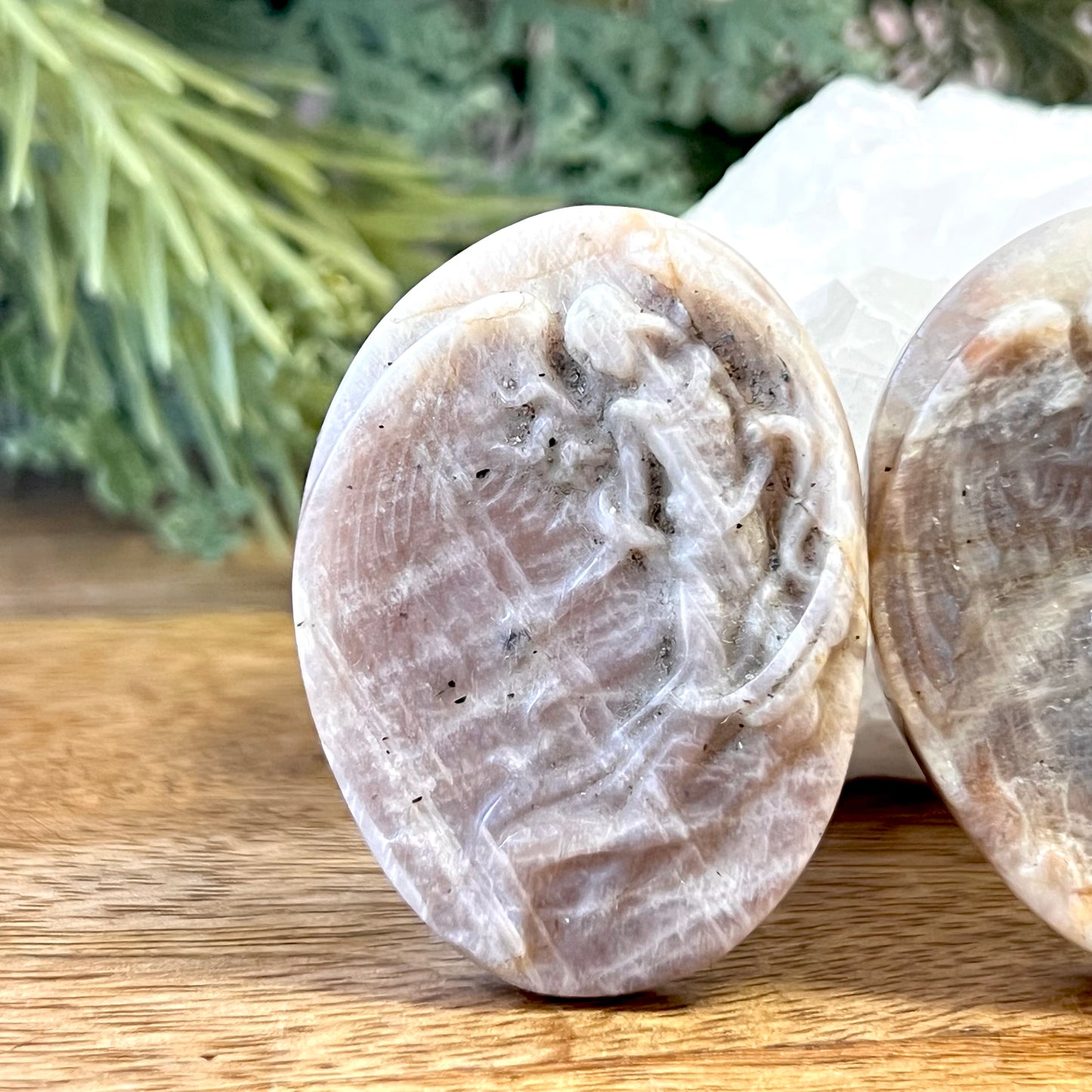 Angel In Flight Belomorite Sunstone in Moonstone Crystal Carved Cabochon