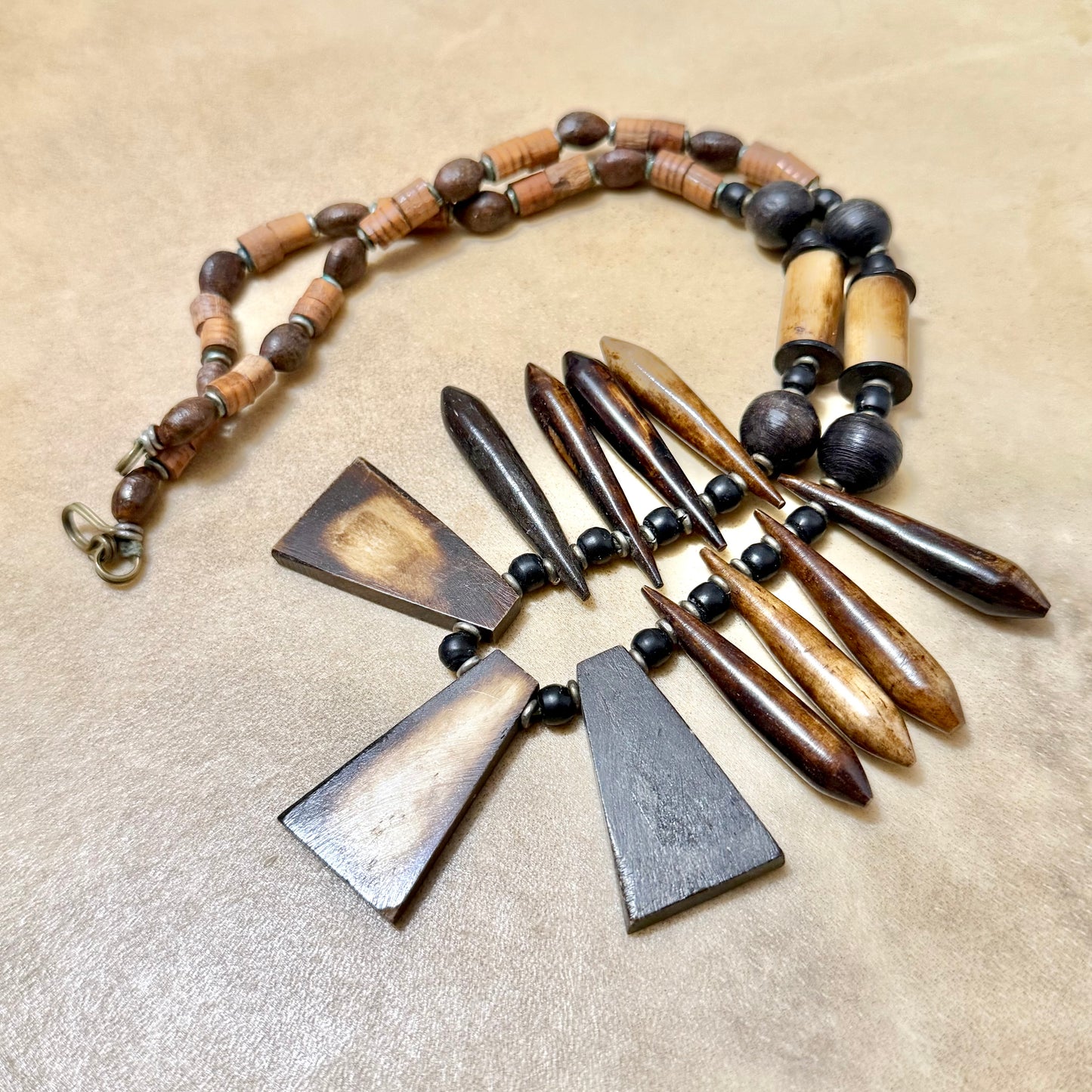 Vintage Tea Stained Bovine Bone Beaded Fan Necklace