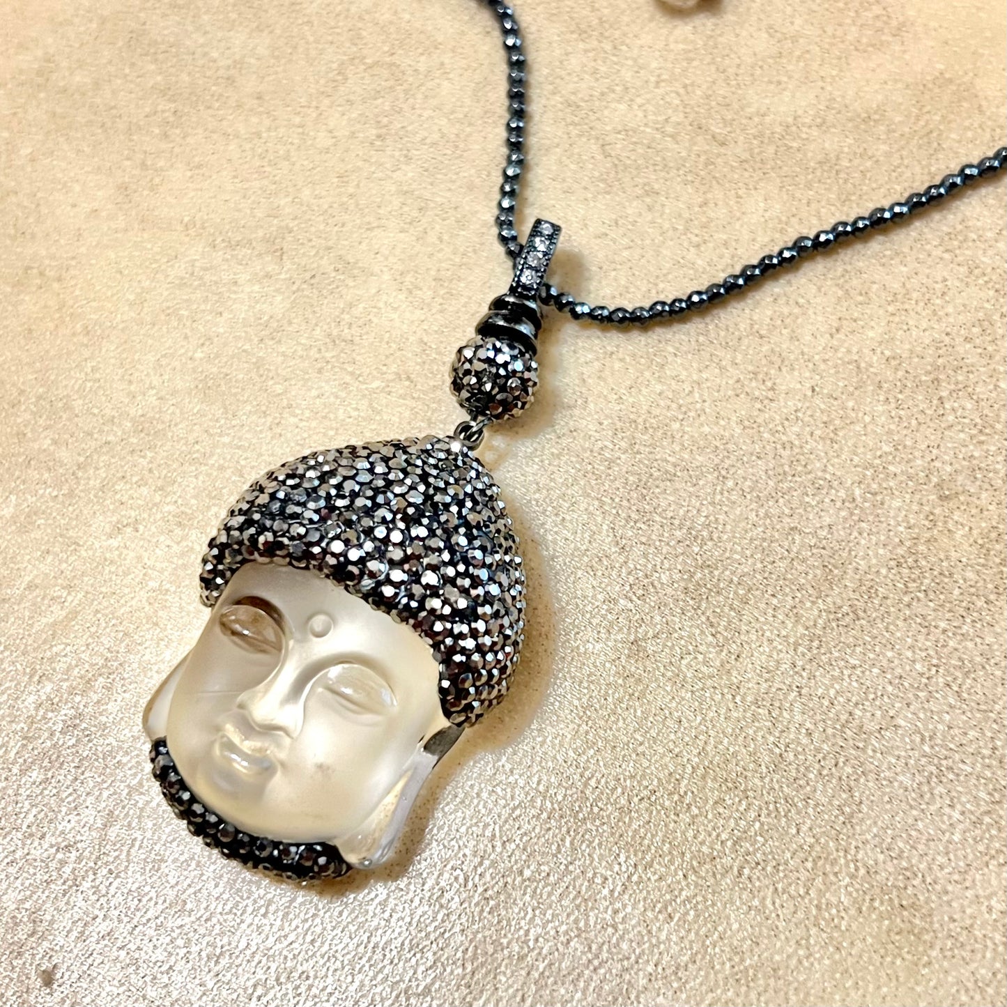 Clear Buddha Head Pave Pendant on Beaded Cord with Sterling Silver Clasp