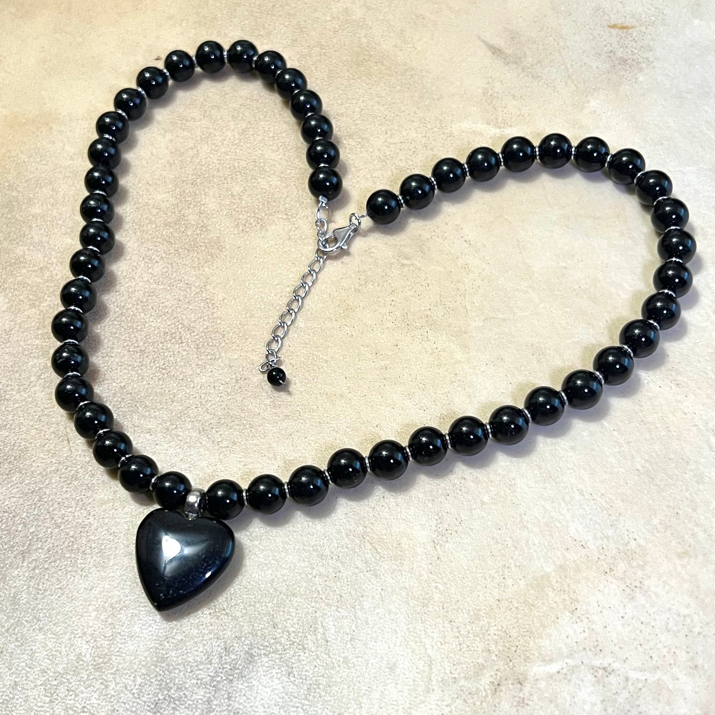 Black Stone Vintage Sterling Silver Beaded Necklace with Heart Pendant