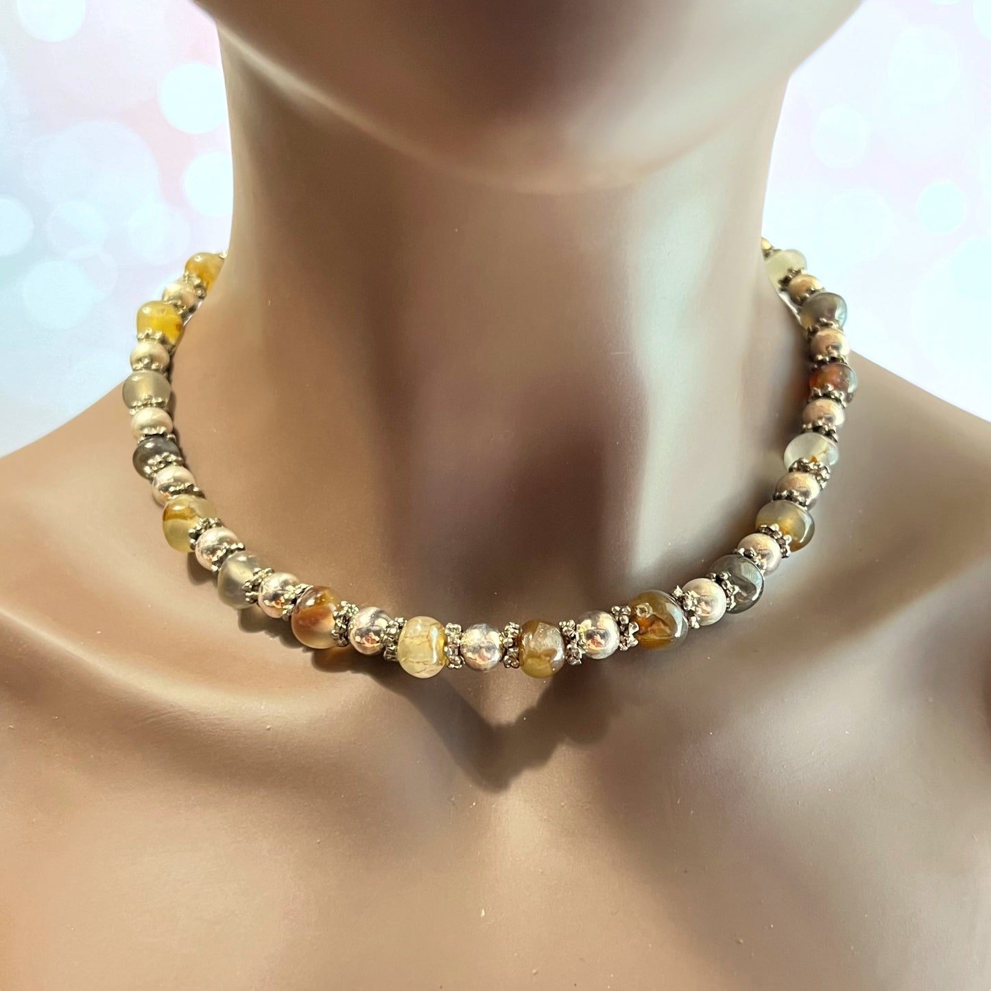 Vintage Carnelian & Agate Beaded Adjustable Silver Tone Necklace