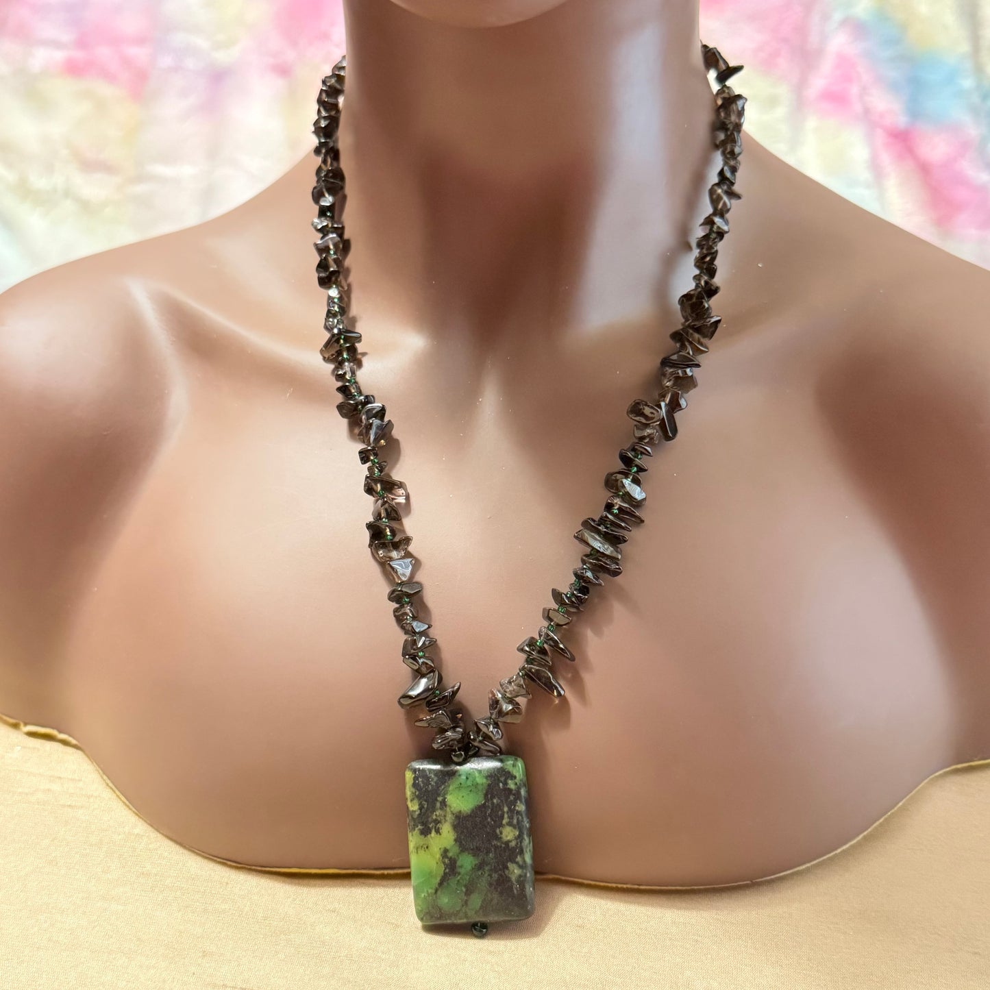 Smoky Quartz Chip Bead Necklace with Vintage Green Stone Pendant