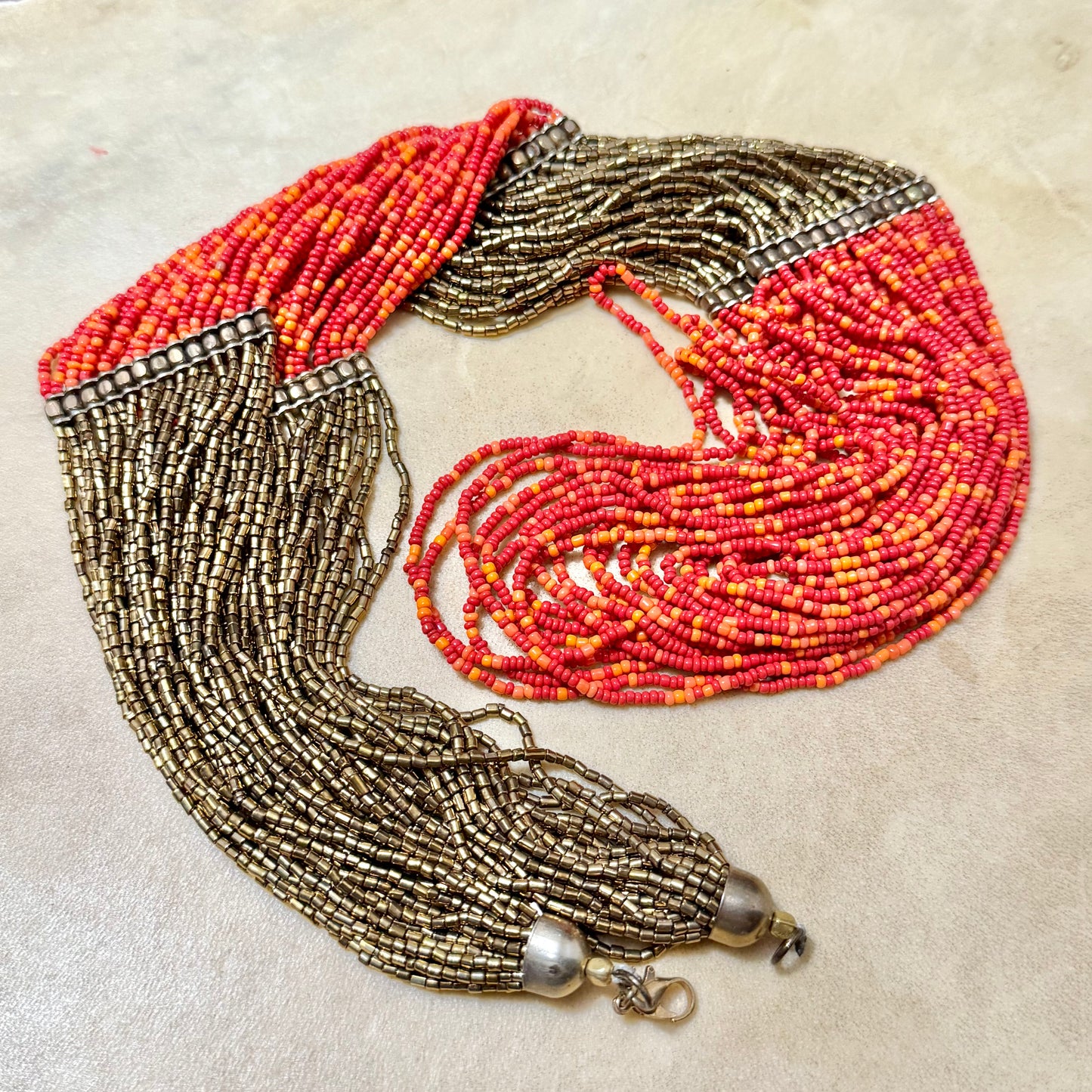 Cascading Red & Bronze Seed Bead Boho Multi-Strand Necklace