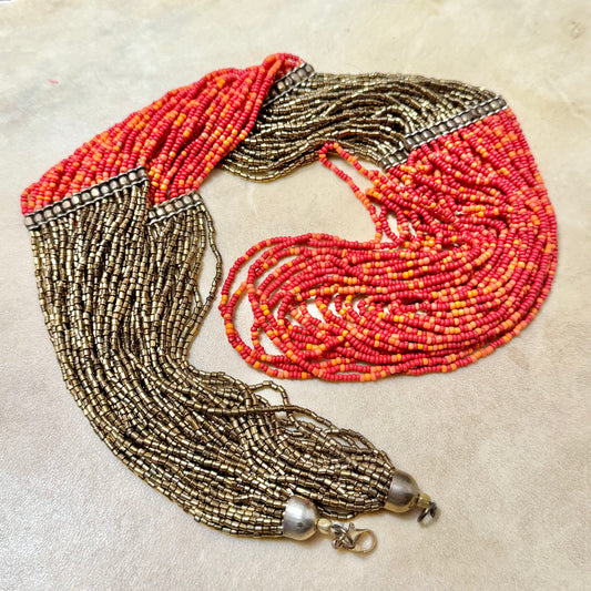 Cascading Red & Bronze Seed Bead Boho Multi-Strand Necklace