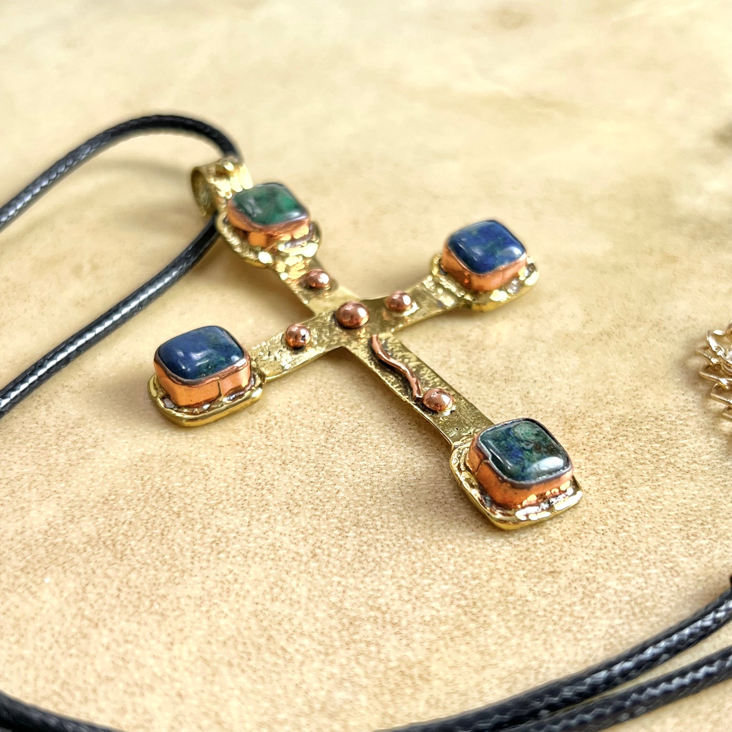 Vintage Brass & Copper Cross Necklace with Azurite & Malachite