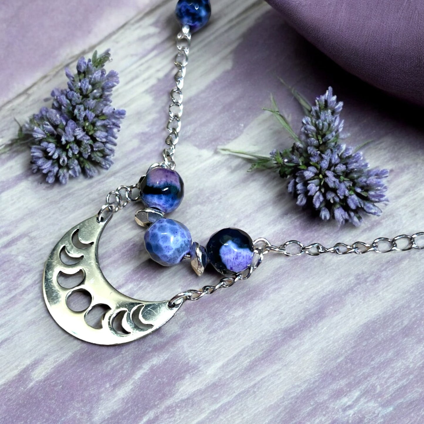 Witchy Crescent Moon Phase Black & Purple Agate Silver Tone Handmade Necklace