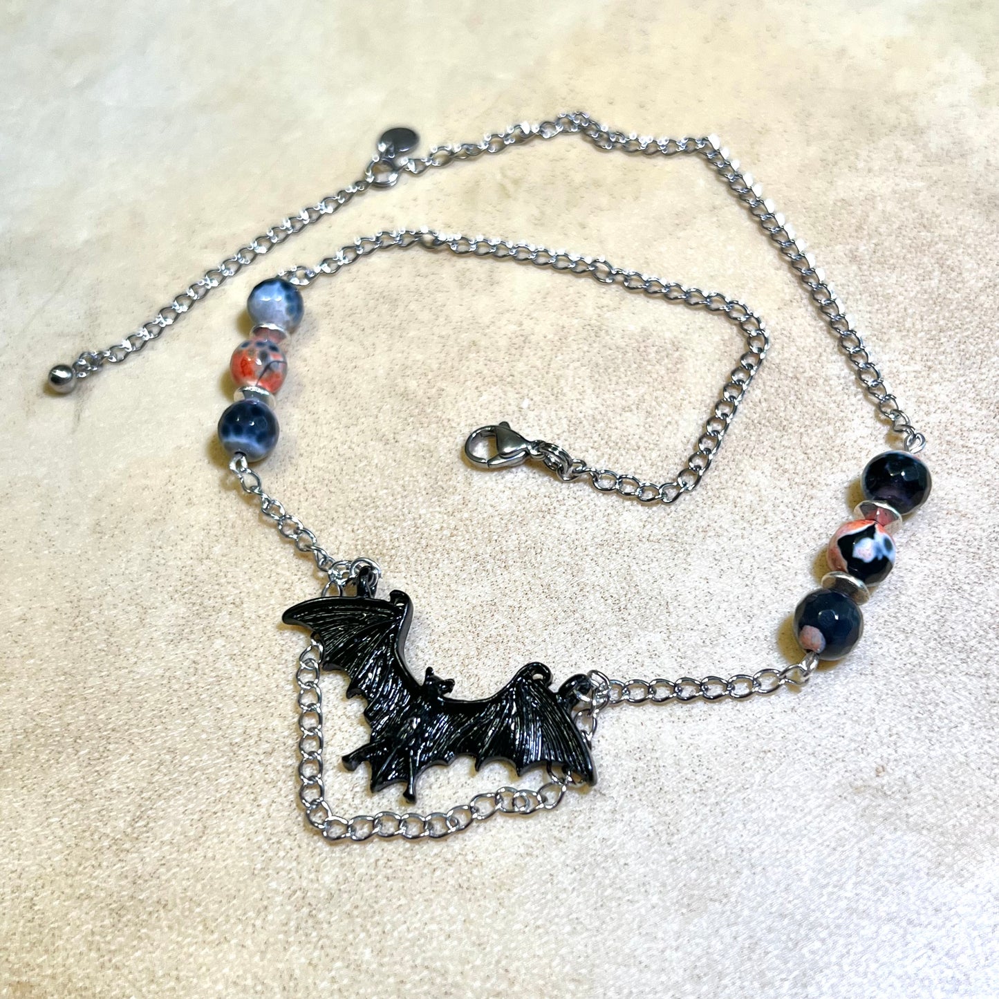 Gothic Bat Black & Orange Agate Silver Tone Handmade Necklace