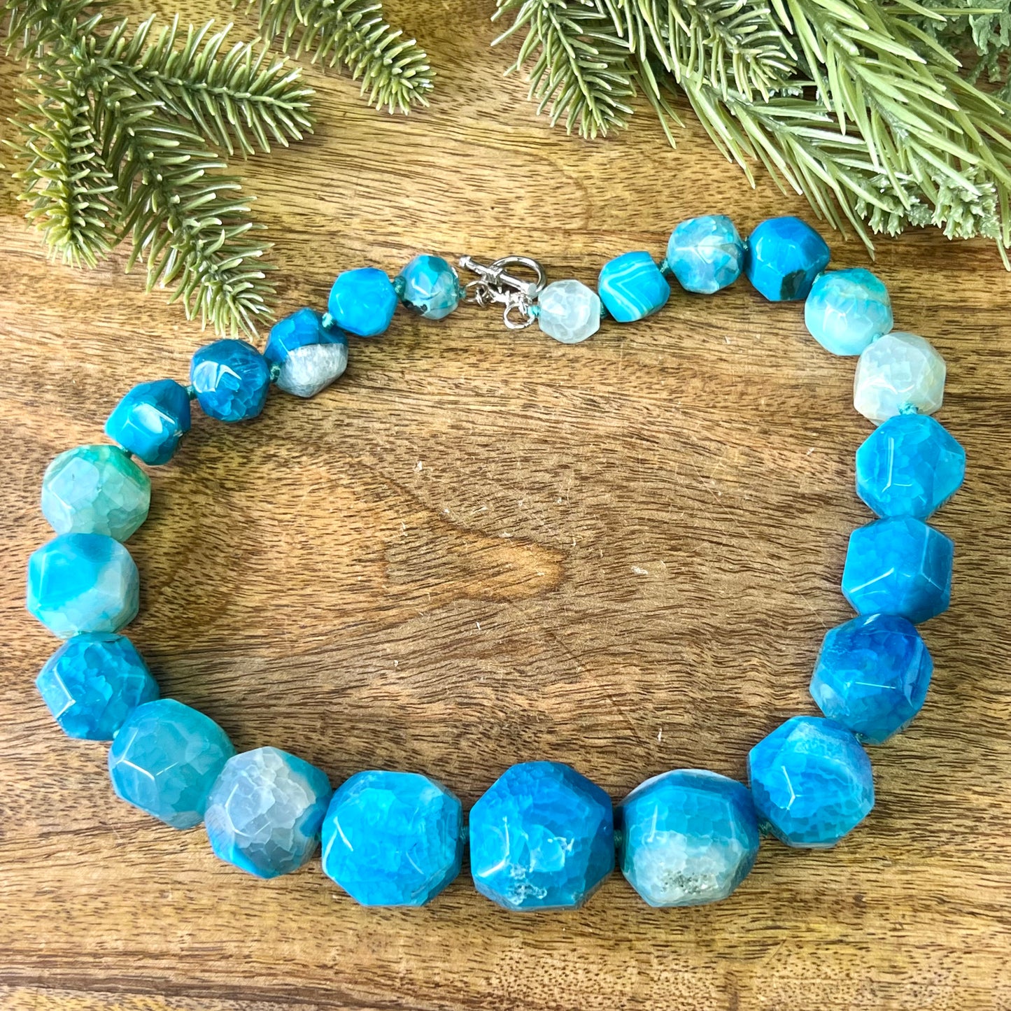 Blue Dyed Agate Beaded Necklace, Hand Knotted with Sterling Silver Clasp by Lucoral