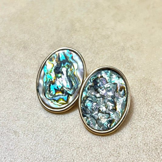 Gold Tone Vintage Oval Abalone Inlay Earrings