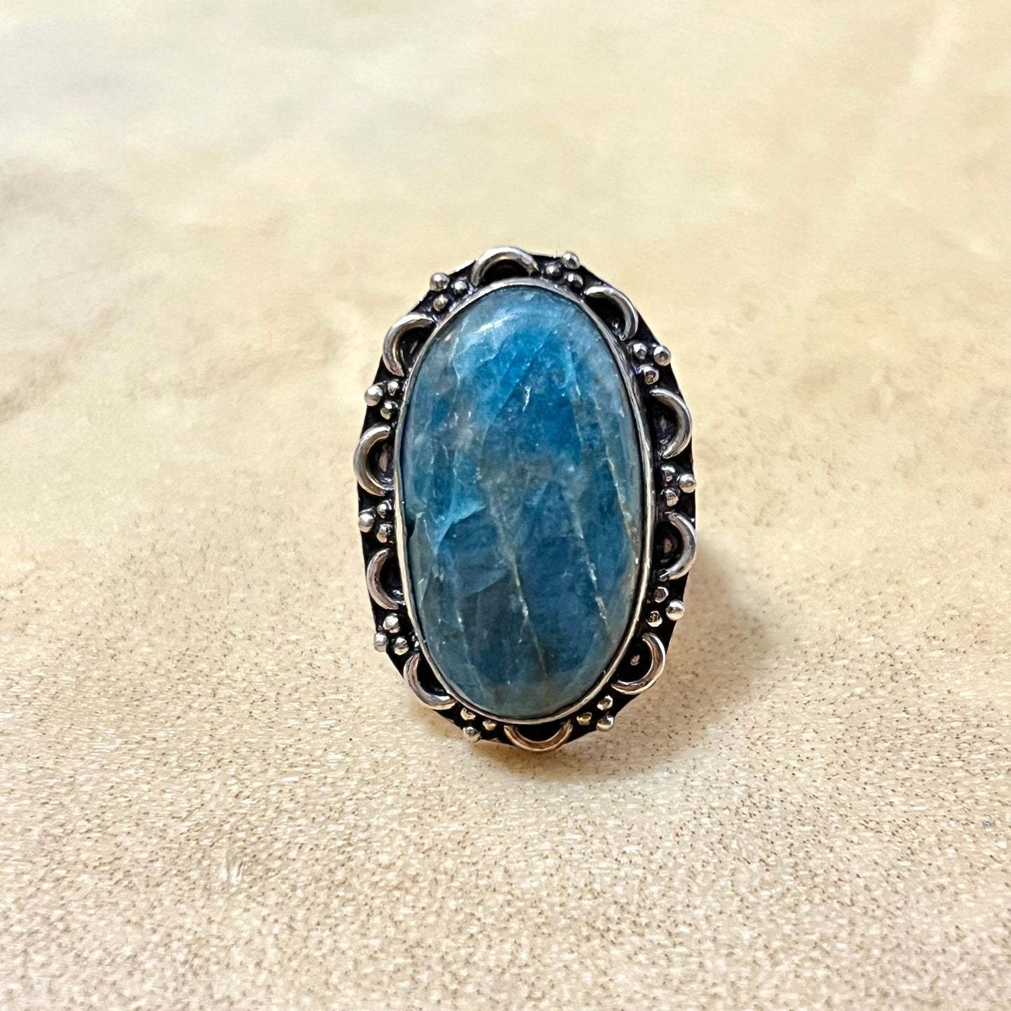 Apatite Oval Ring set in Silver Plated Copper