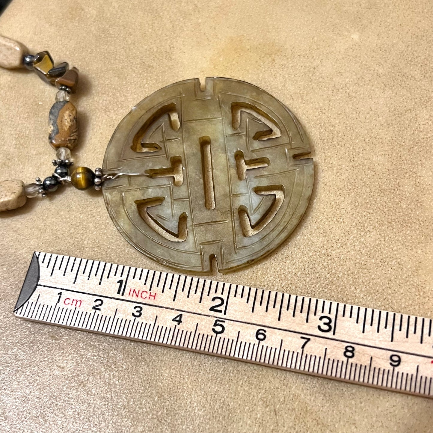 Vintage Chinese Tigers Eye & Picture Jasper Crystal Necklace