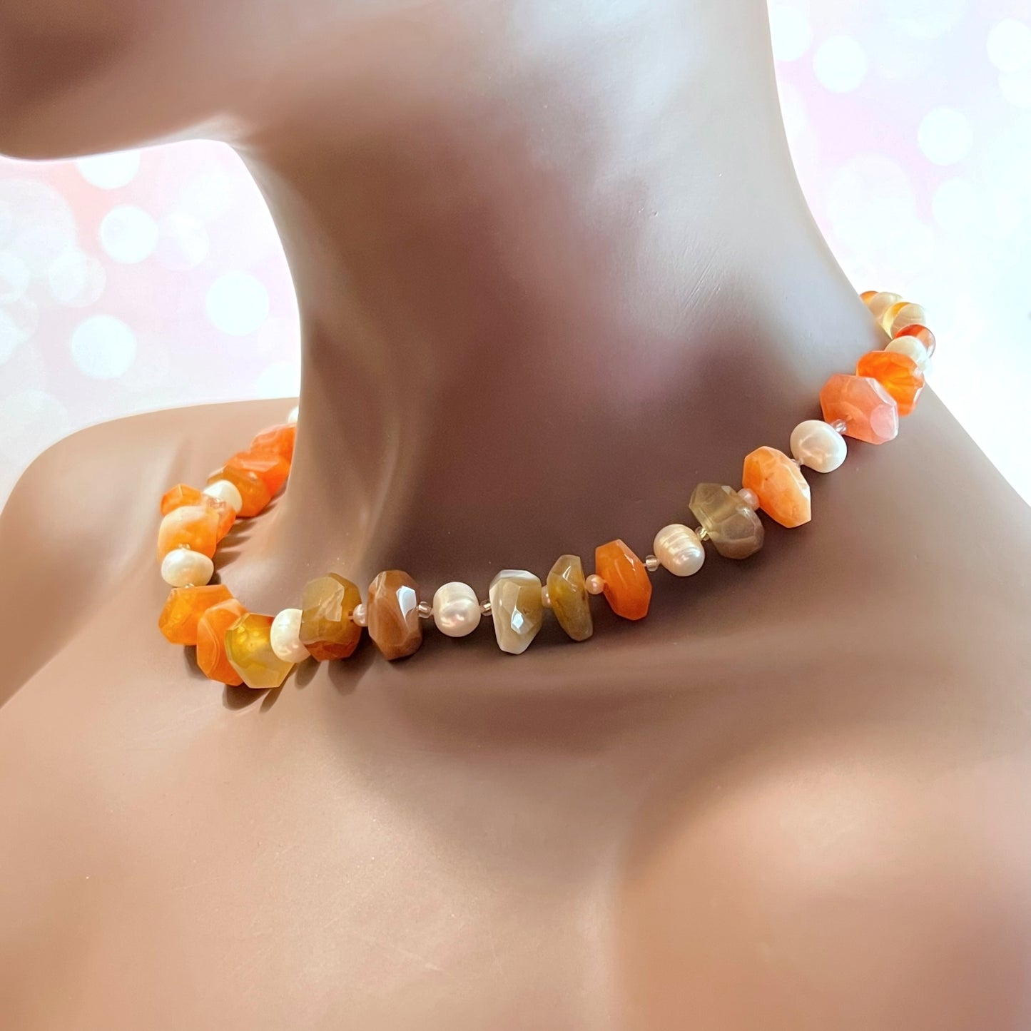 Carnelian, Agate, & Pearl Vintage 925 Sterling Silver Necklace