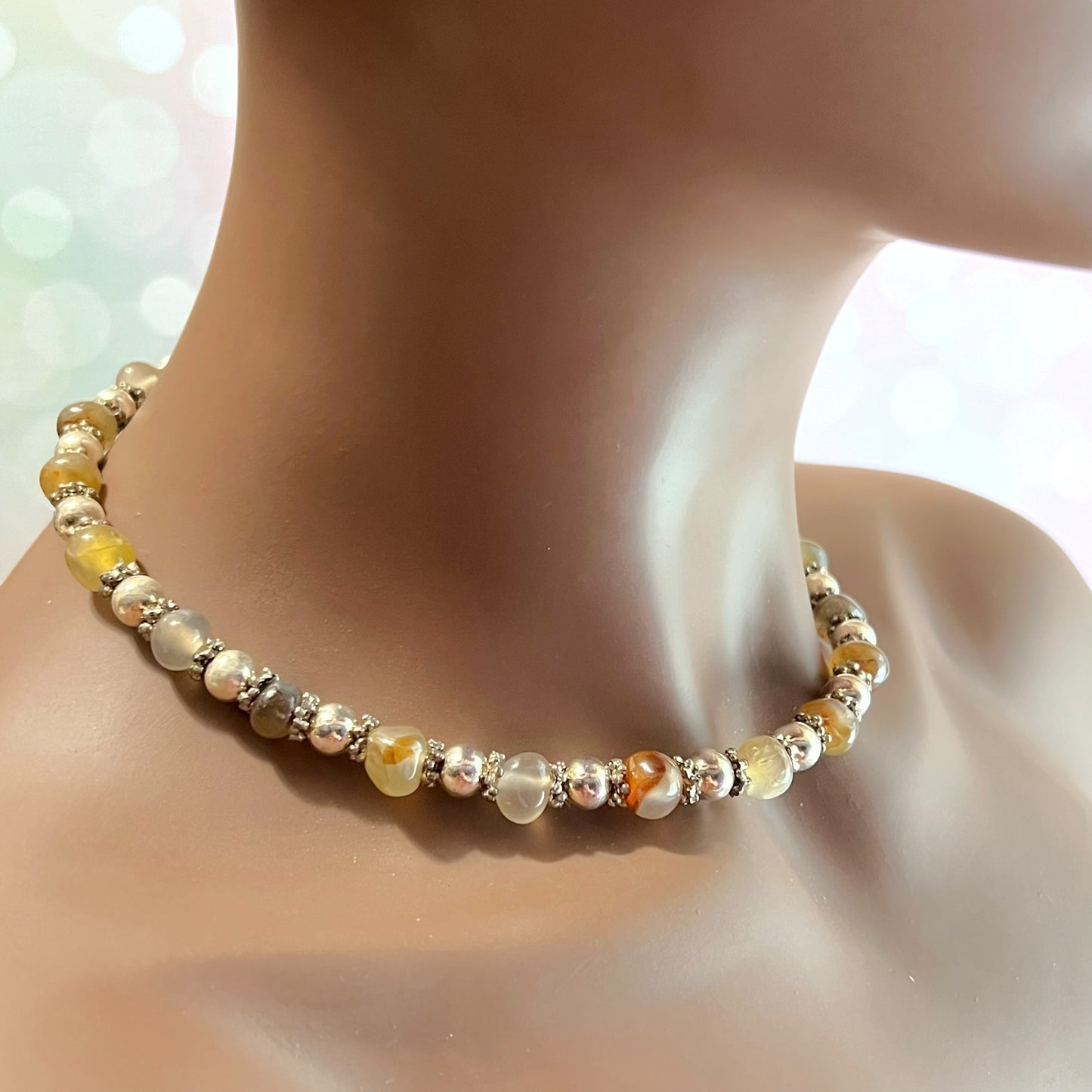 Vintage Carnelian & Agate Beaded Adjustable Silver Tone Necklace
