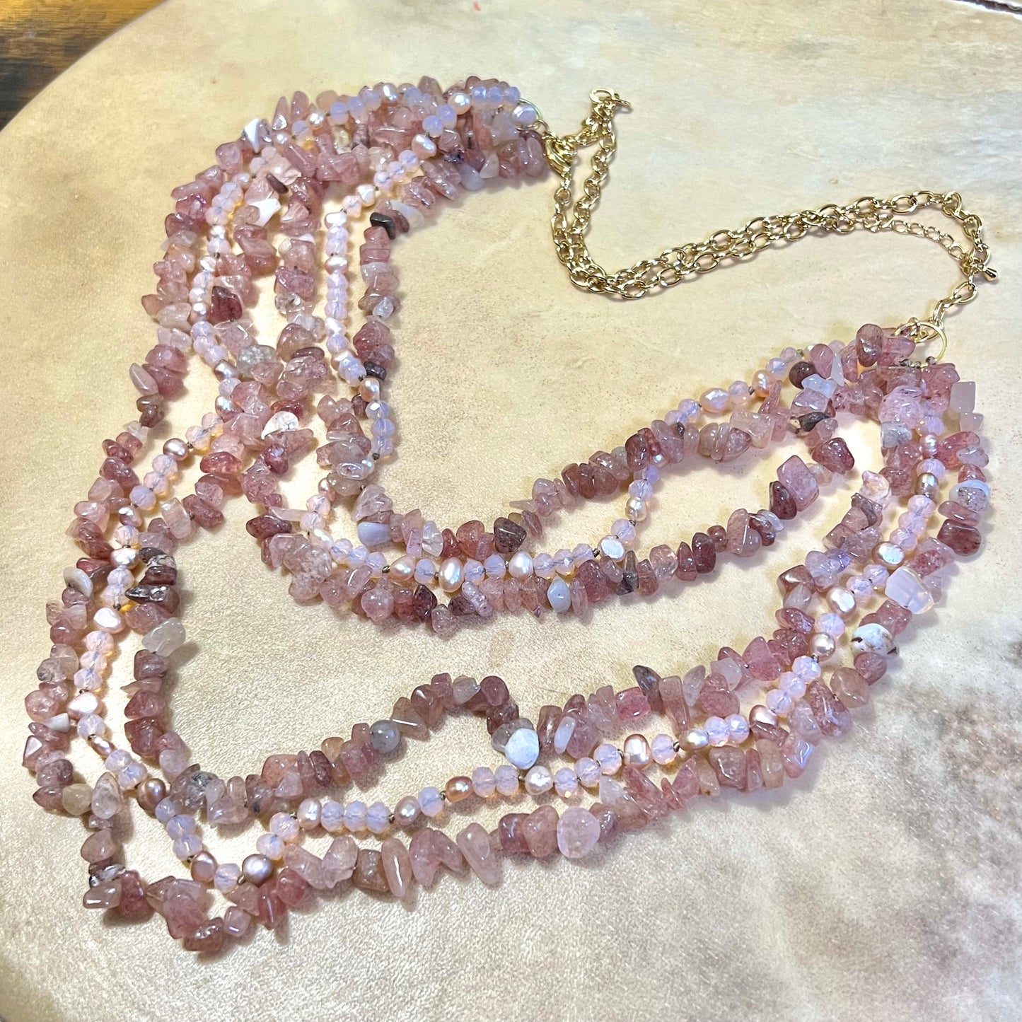 Strawberry Quartz & Cultured Pearl Multi Strand Vintage Necklace