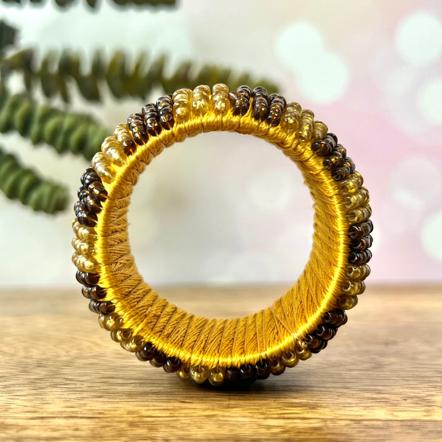 Gold and Brown Seed Beaded Crystal Sphere Holder