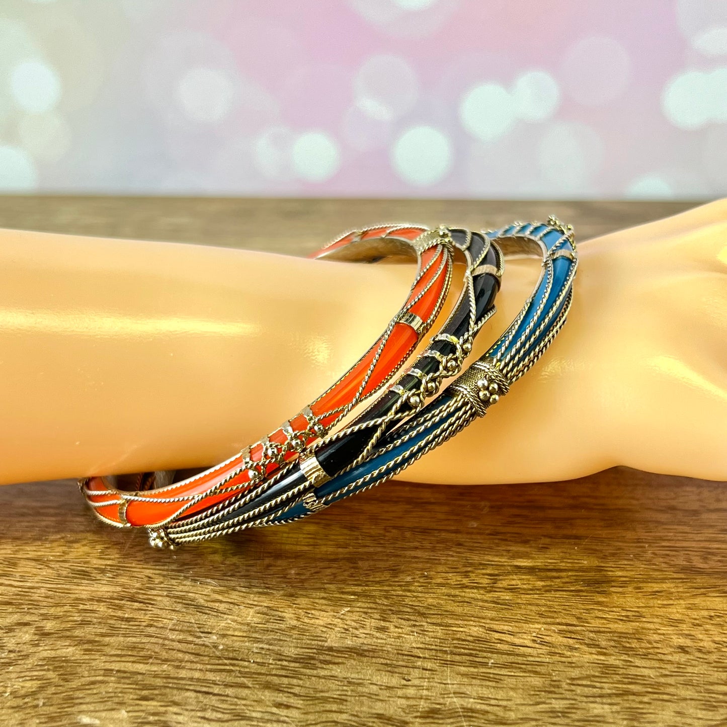 Vintage Colorful Bracelet Stack in Gold Tone with 3 Bangles