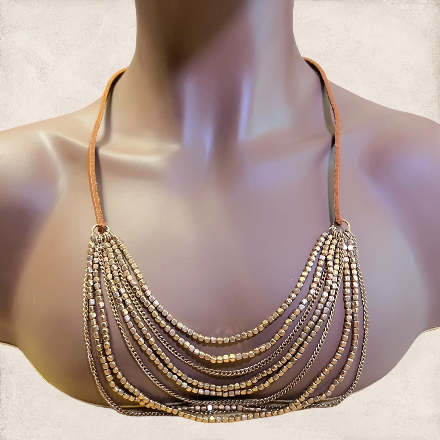 Vintage Leather & Gold Tone Beaded Multi Strand Necklace