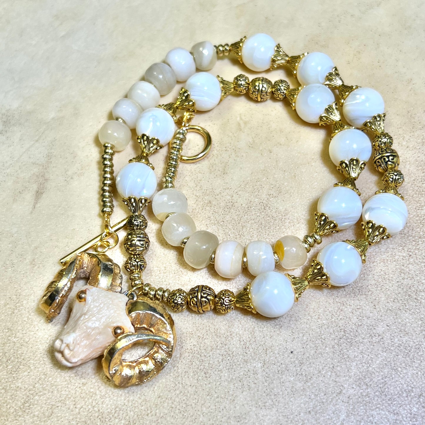 Baphomet in White - Handmade Mother of Pearl Necklace with Vintage Pendant