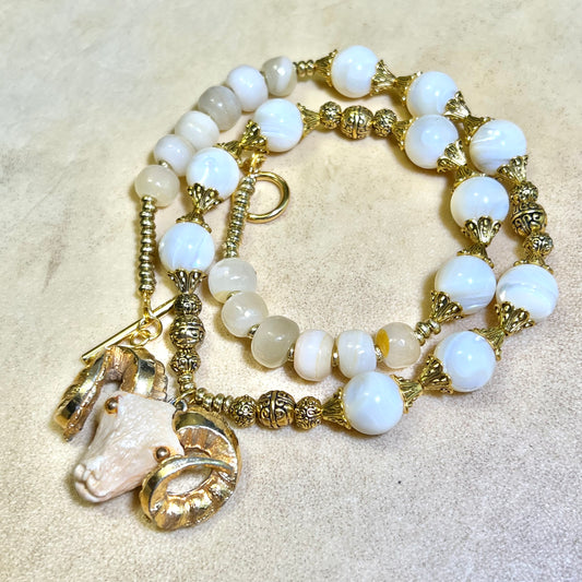 Baphomet in White - Handmade Mother of Pearl Necklace with Vintage Pendant