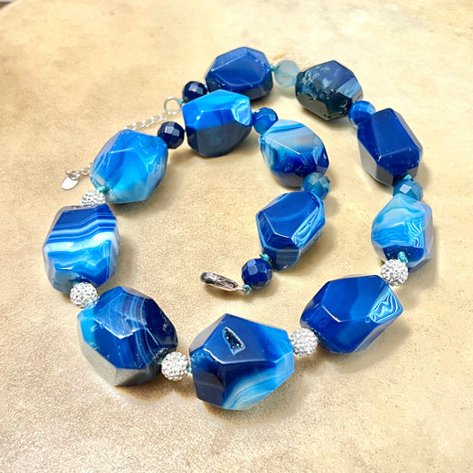 Chunky Blue Agate Vintage Beaded Sterling Silver Necklace