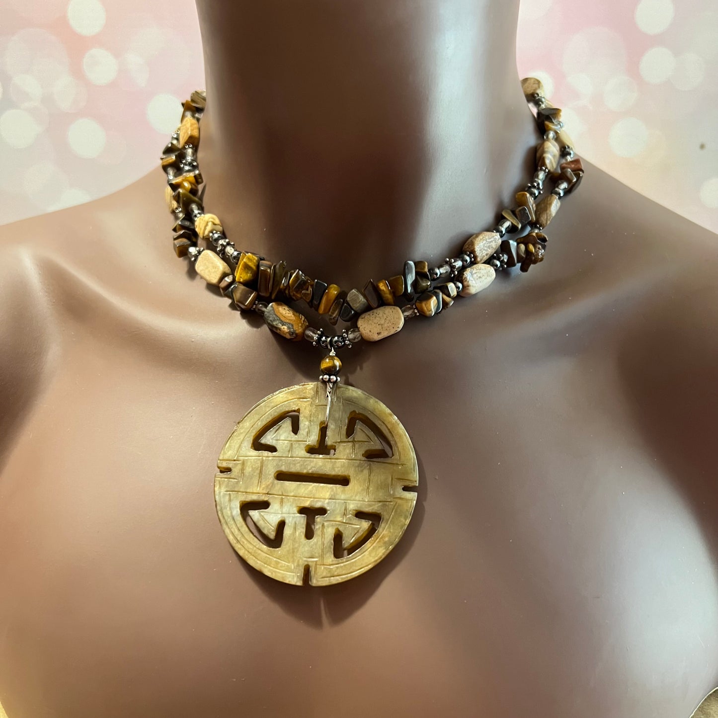 Vintage Chinese Tigers Eye & Picture Jasper Crystal Necklace