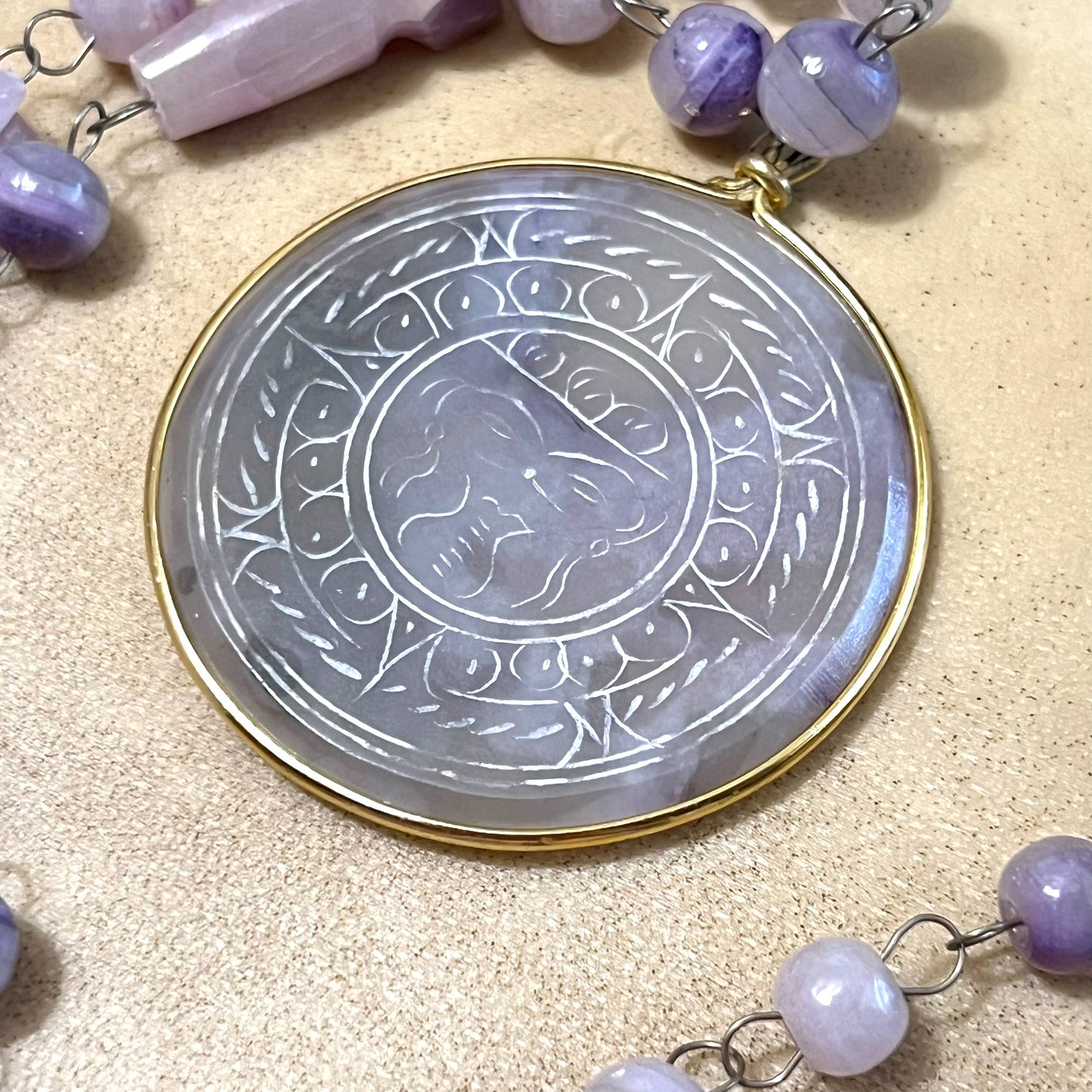 Purple Calcite Onyx Vintage Necklace with Aztec Carvings