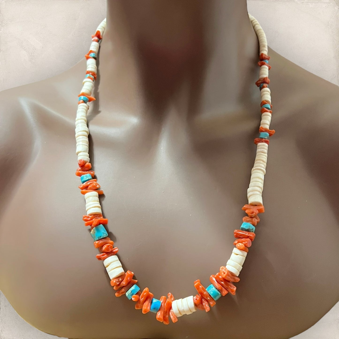 Vintage Native American Style Necklace - Bone, Turquoise, & Coral