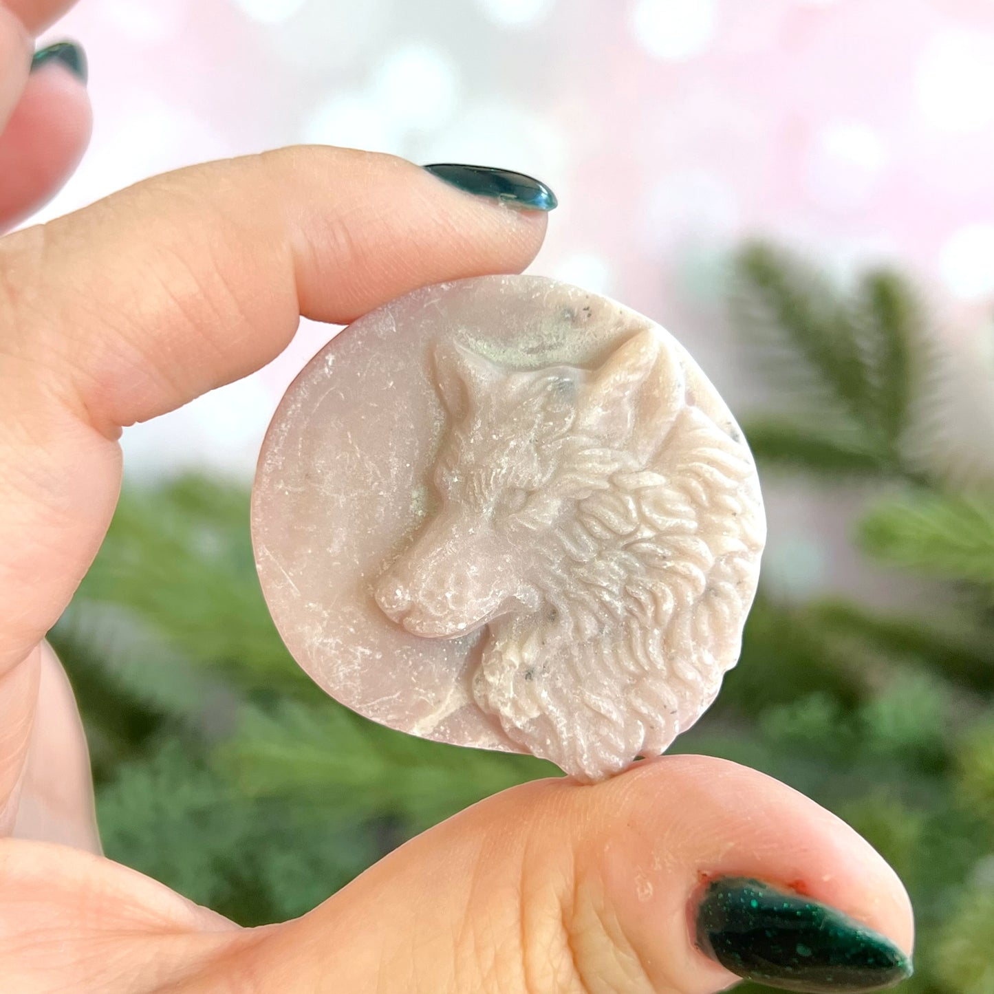 Pink Opal Wolf Carved Crystal Cabochon