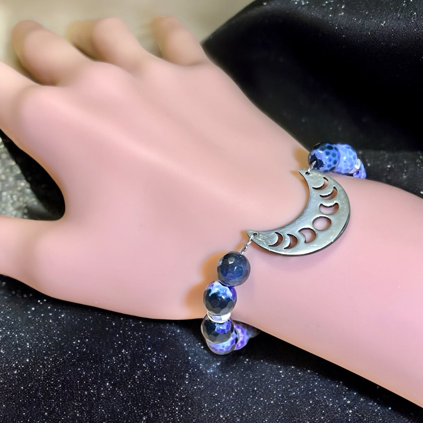 Witchy Crescent Moon Phase Black & Purple Agate Silver Tone Handmade Bracelet