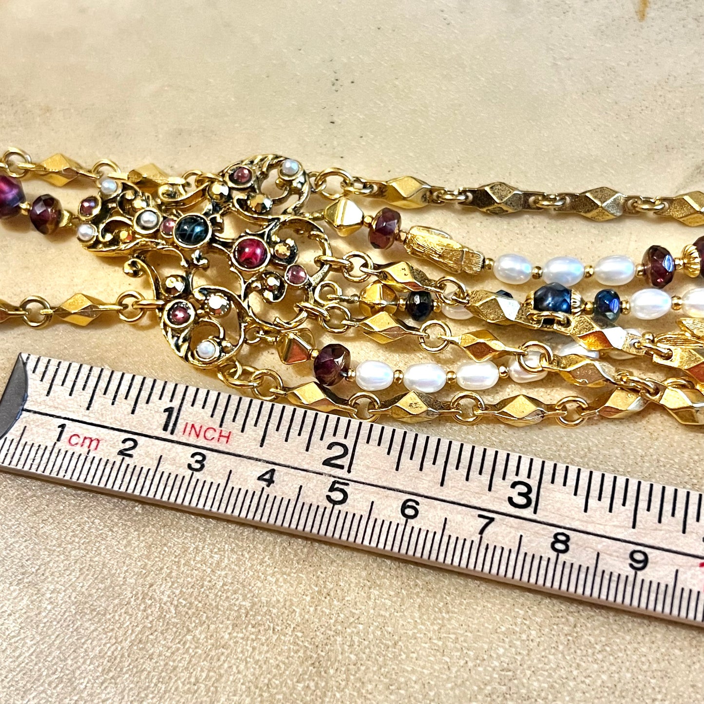 Barrera Vintage Draping Layered Necklace with Pearls & Garnet Glass