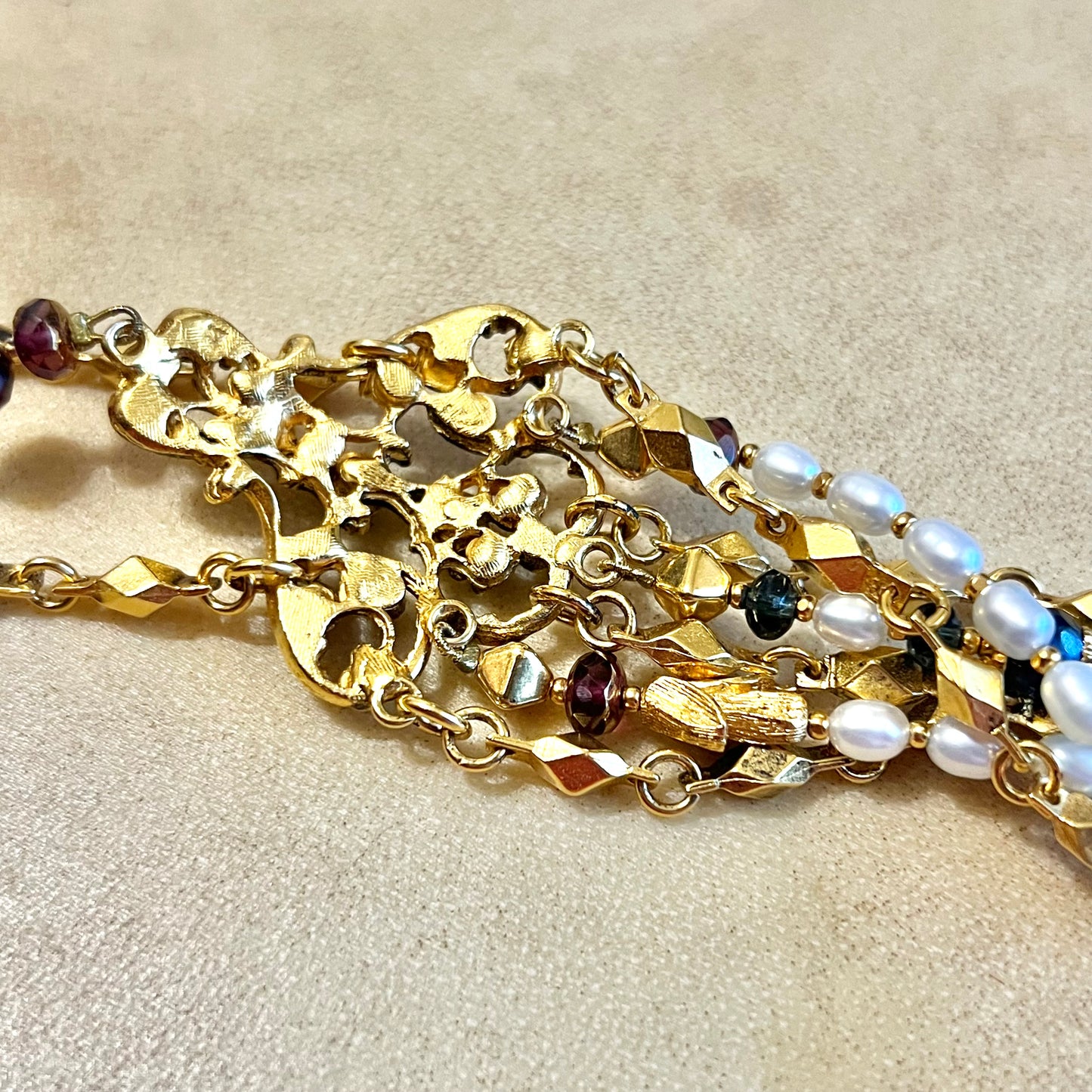 Barrera Vintage Draping Layered Necklace with Pearls & Garnet Glass