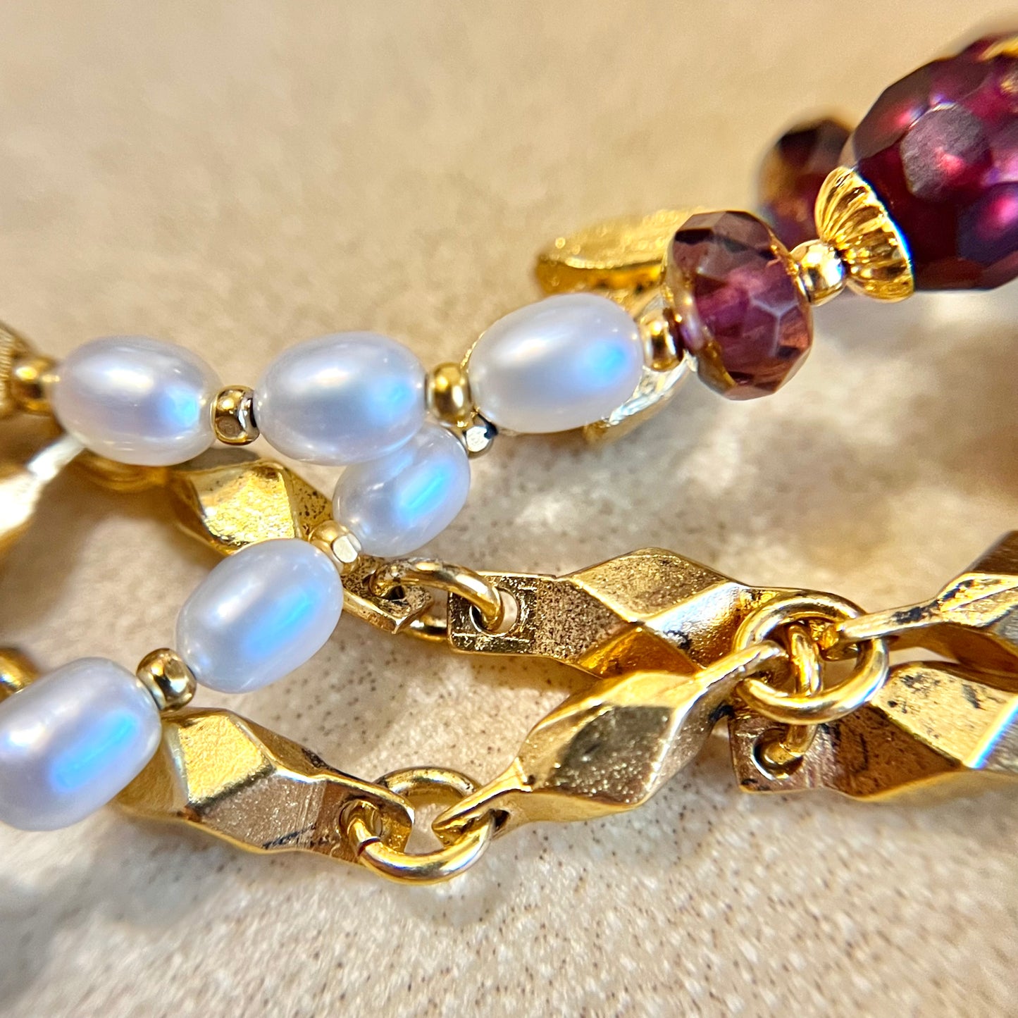 Barrera Vintage Draping Layered Necklace with Pearls & Garnet Glass