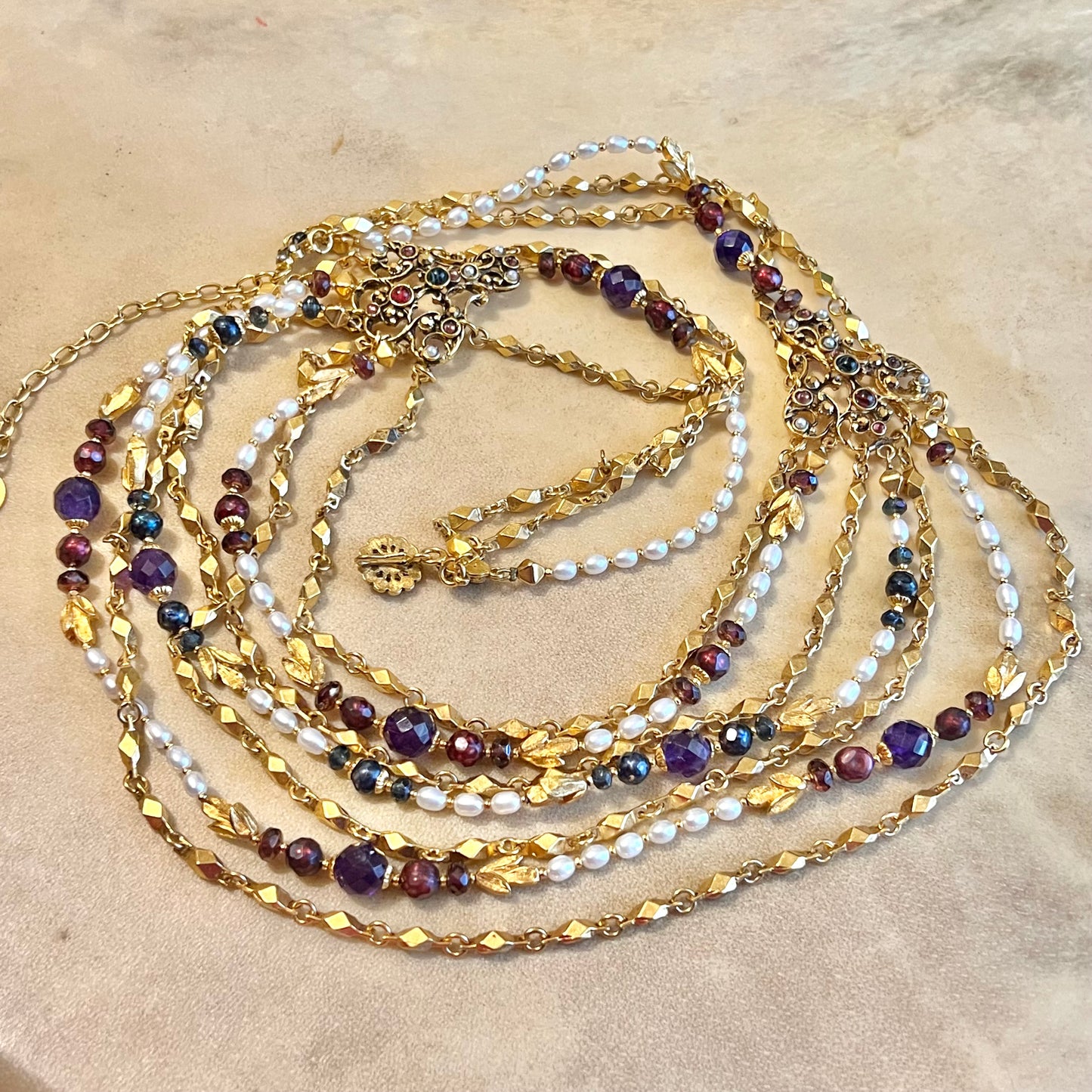Barrera Vintage Draping Layered Necklace with Pearls & Garnet Glass
