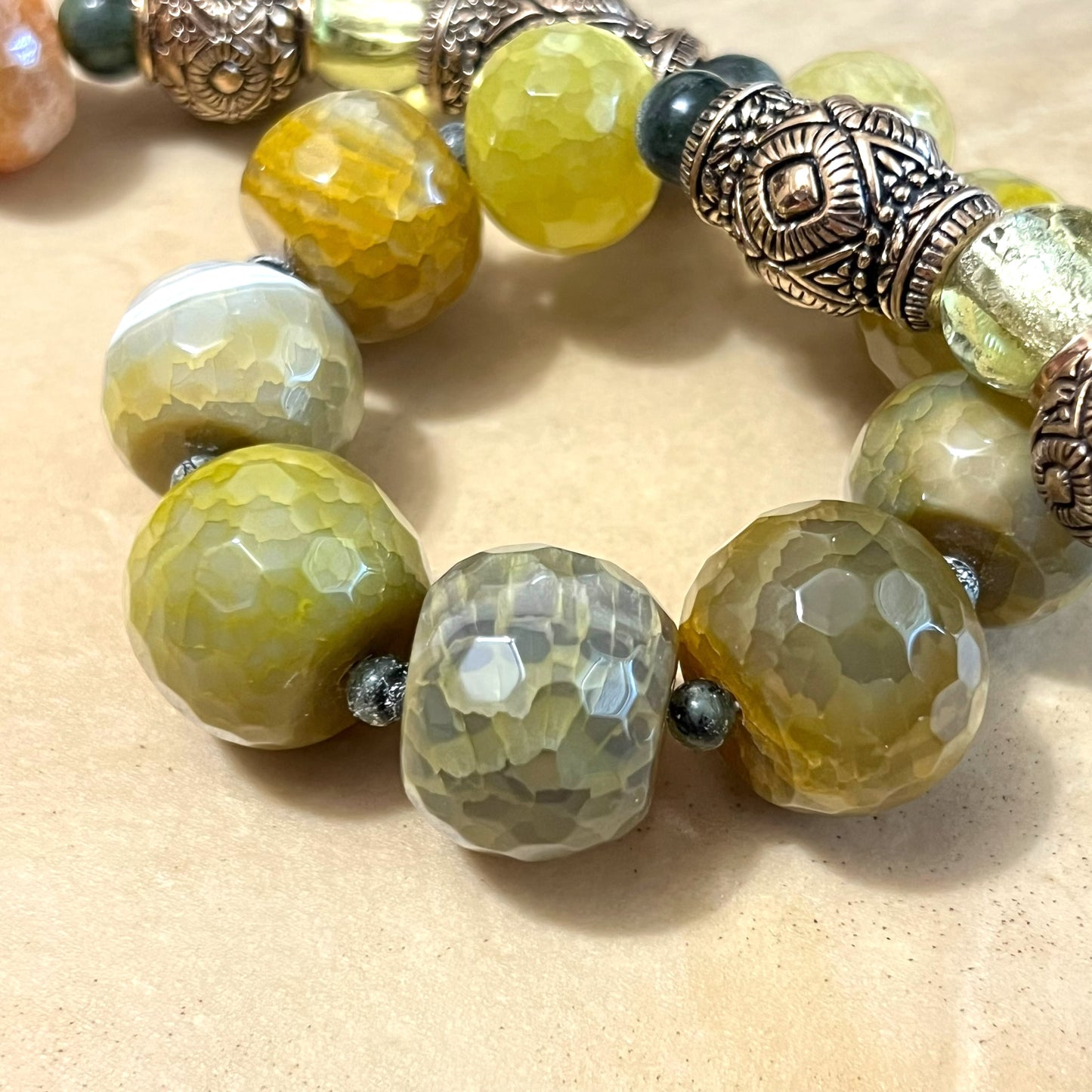 Barse Yellow Green Dragons Vein Agate Beaded Necklace - Vintage
