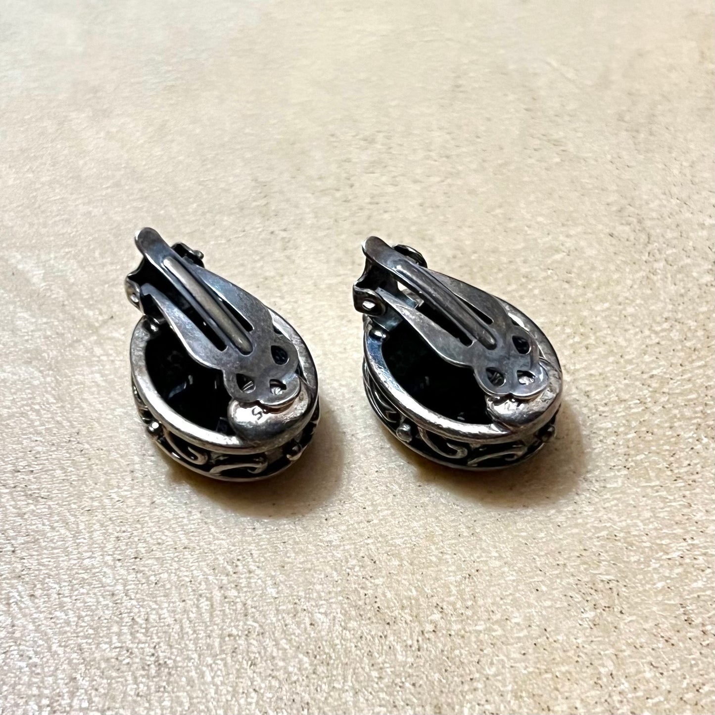 Black Faceted Rhinestone Clip On Earrings in Sterling Silver