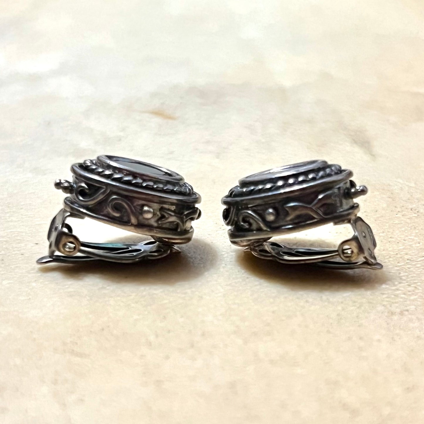 Black Faceted Rhinestone Clip On Earrings in Sterling Silver